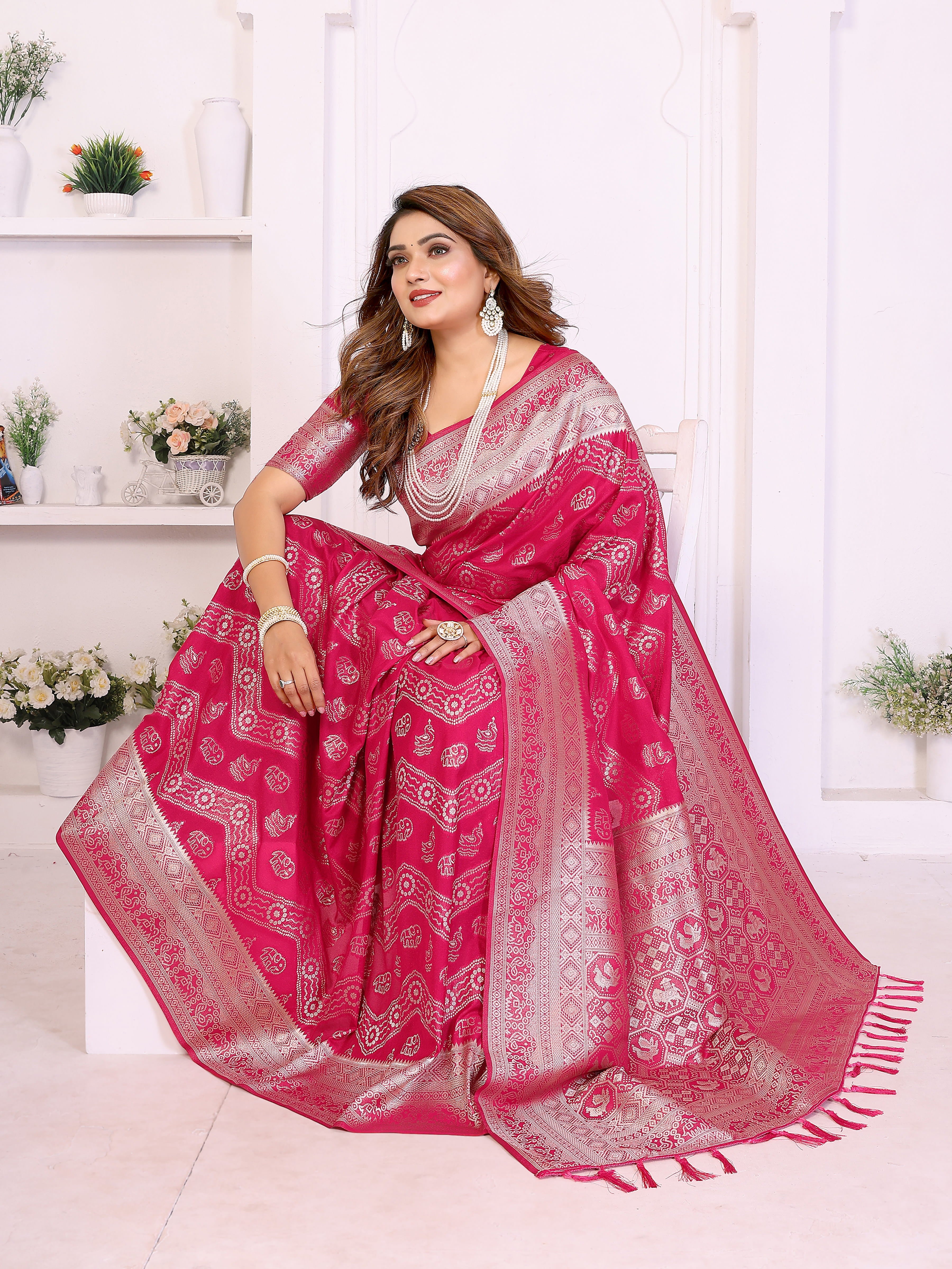 Rani Pink Georgette Silk Leheriya Zari Weaving Saree