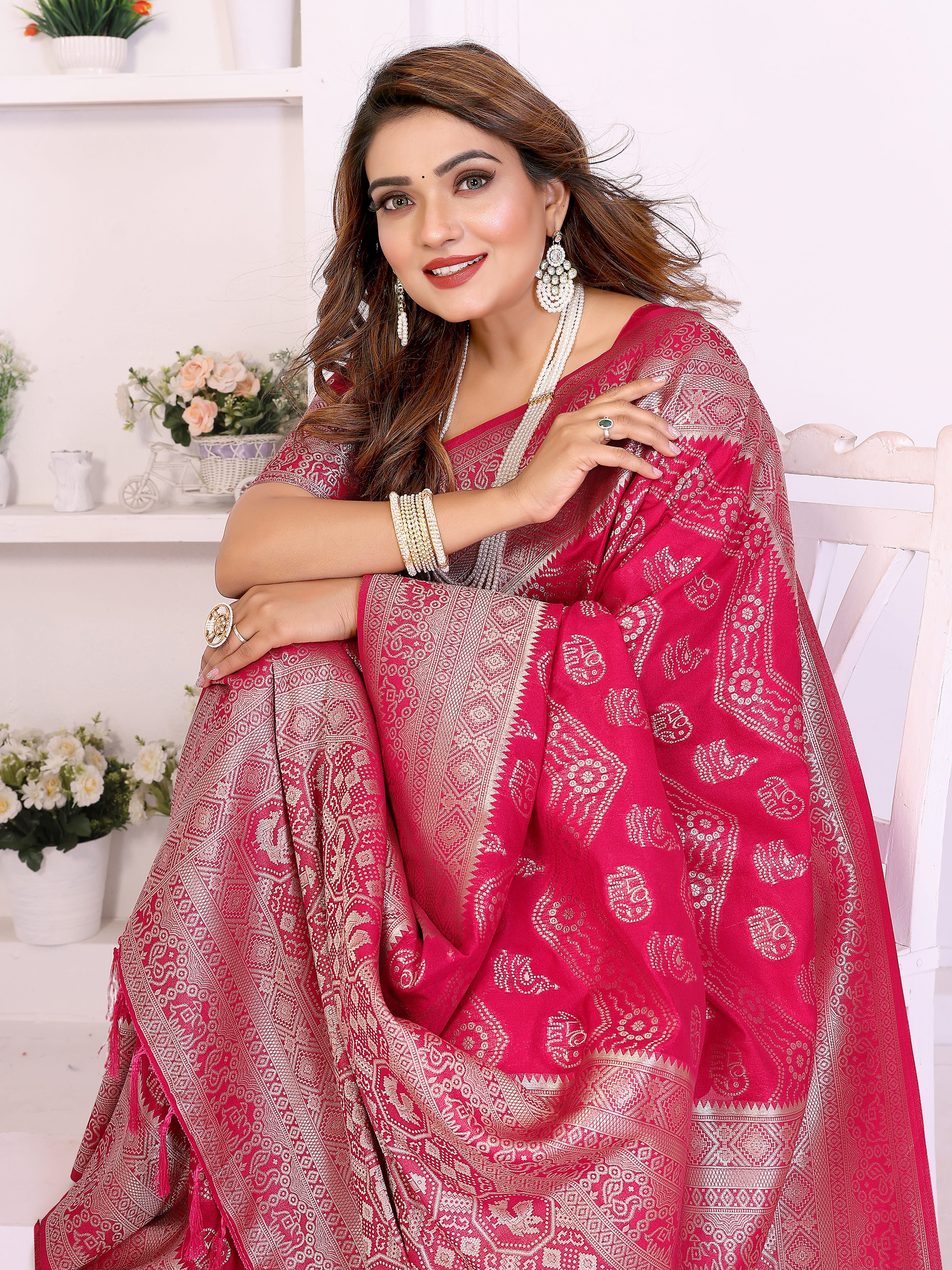 Rani Pink Georgette Silk Leheriya Zari Weaving Saree
