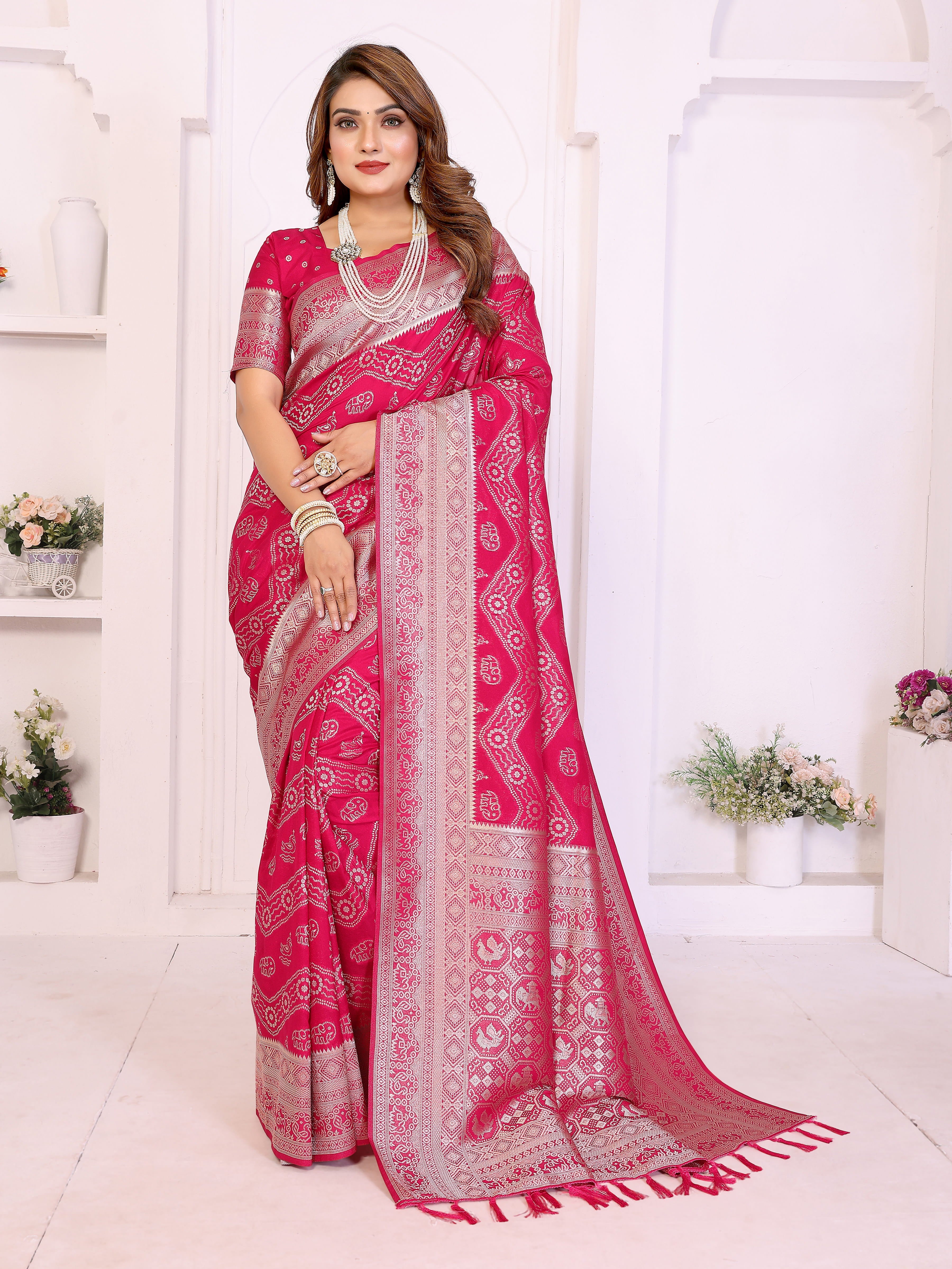 Rani Pink Georgette Silk Leheriya Zari Weaving Saree