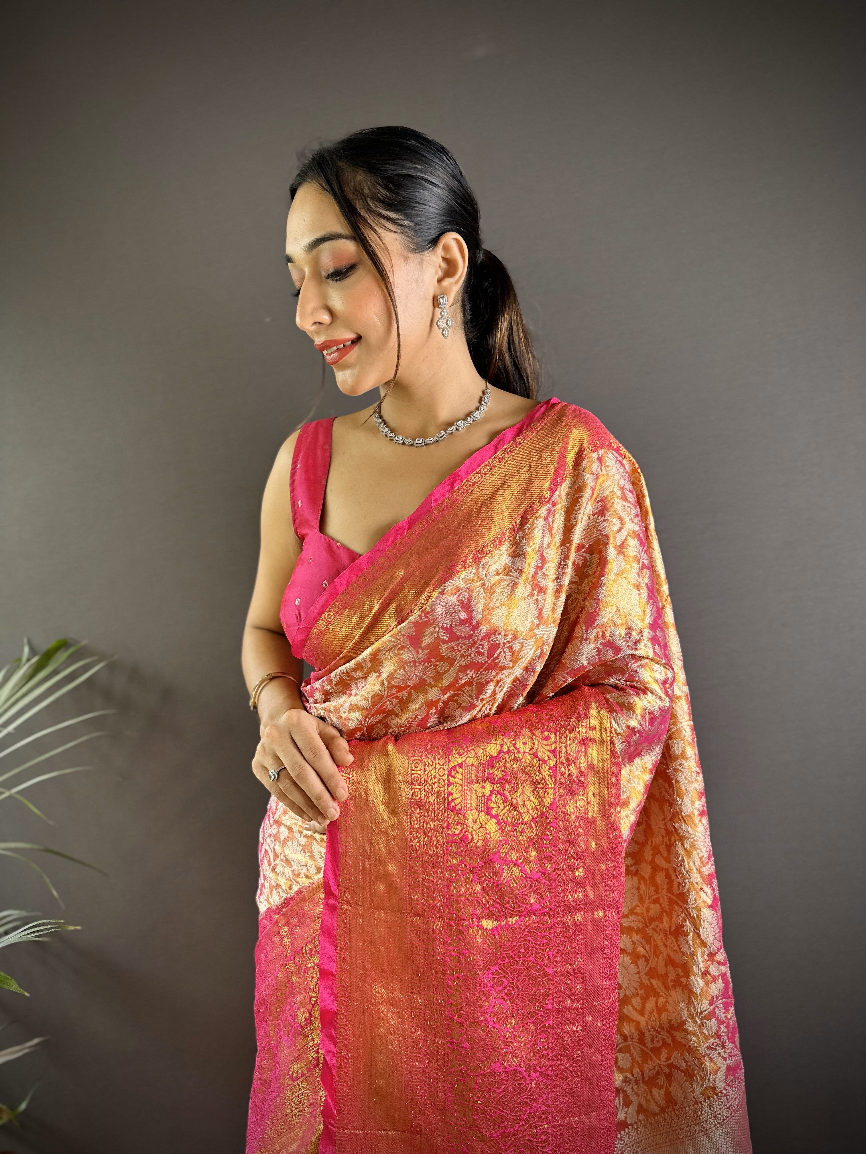 Rani Pink Kanjivaram Tissue Silk Saree