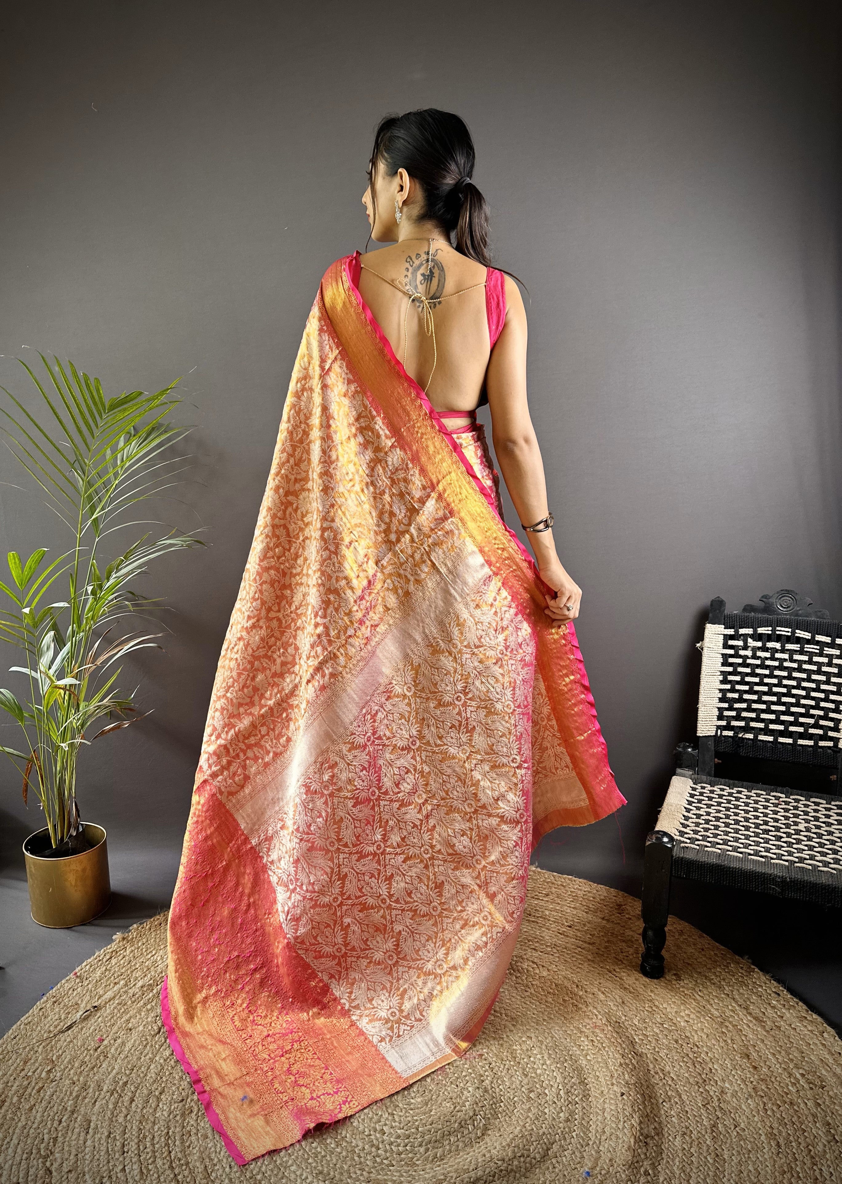 Rani Pink Kanjivaram Tissue Silk Saree