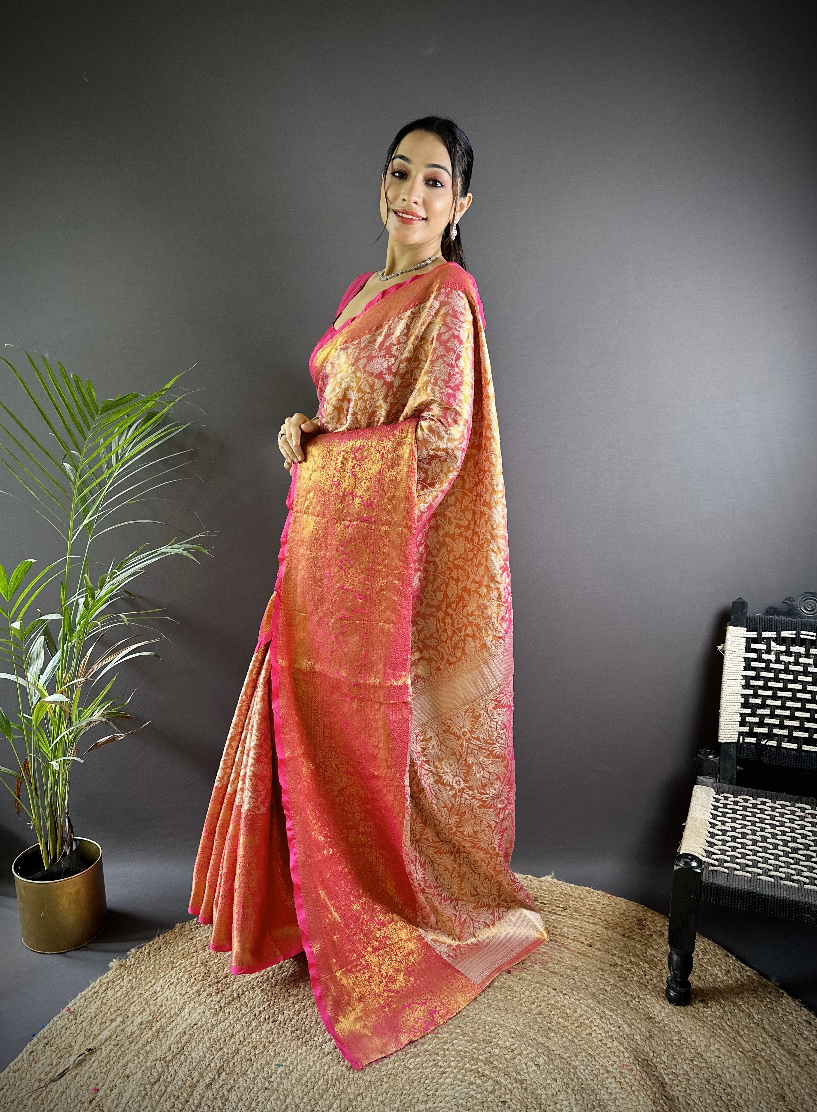 Rani Pink Kanjivaram Tissue Silk Saree