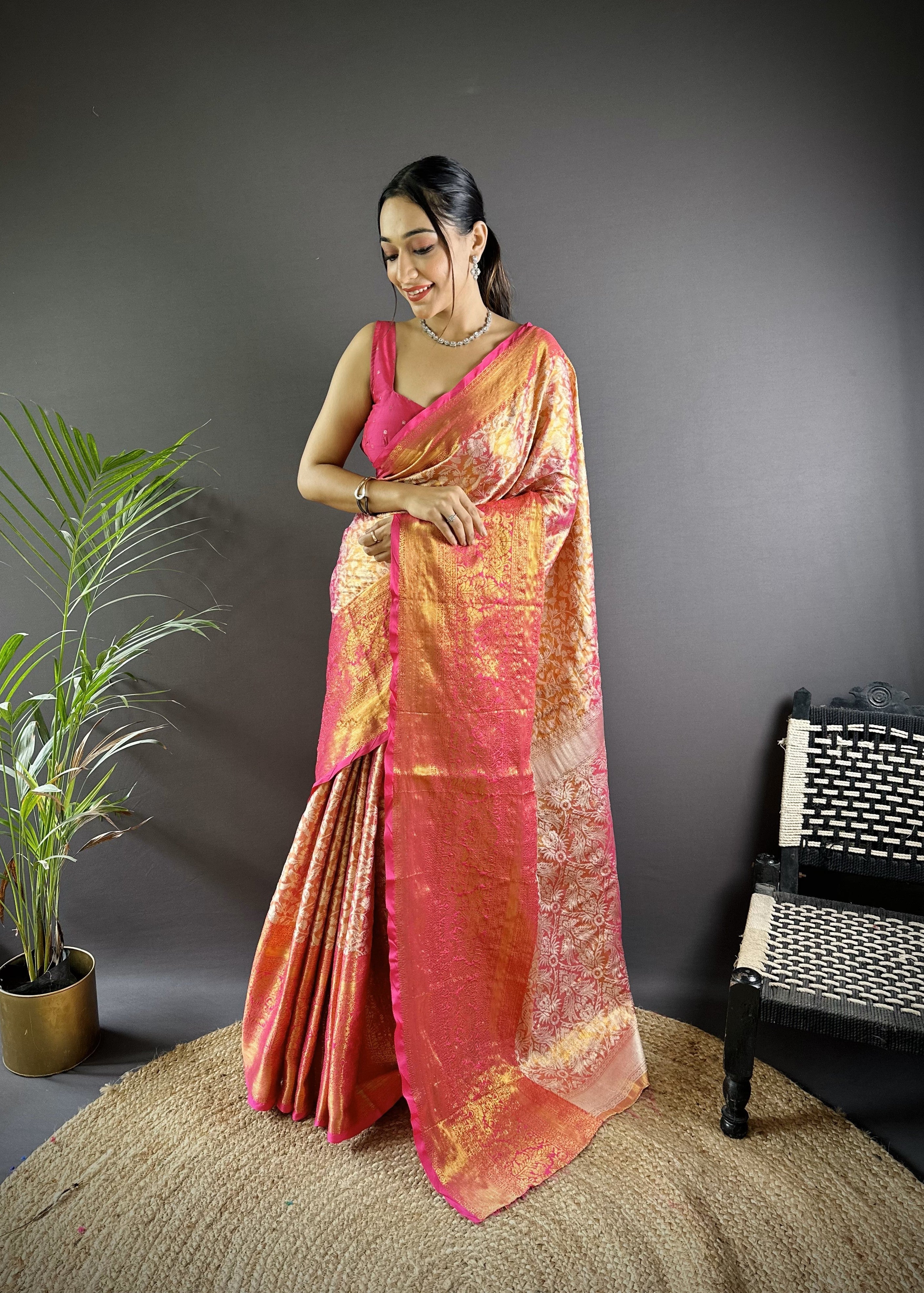Rani Pink Kanjivaram Tissue Silk Saree
