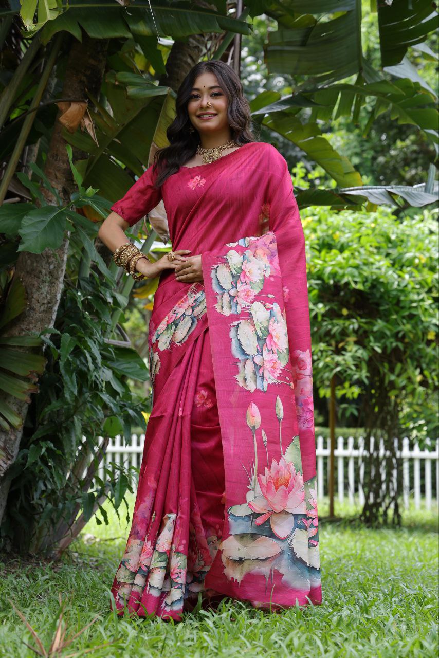 Rani Pink Lotus Printed Soft Tussar Silk Saree