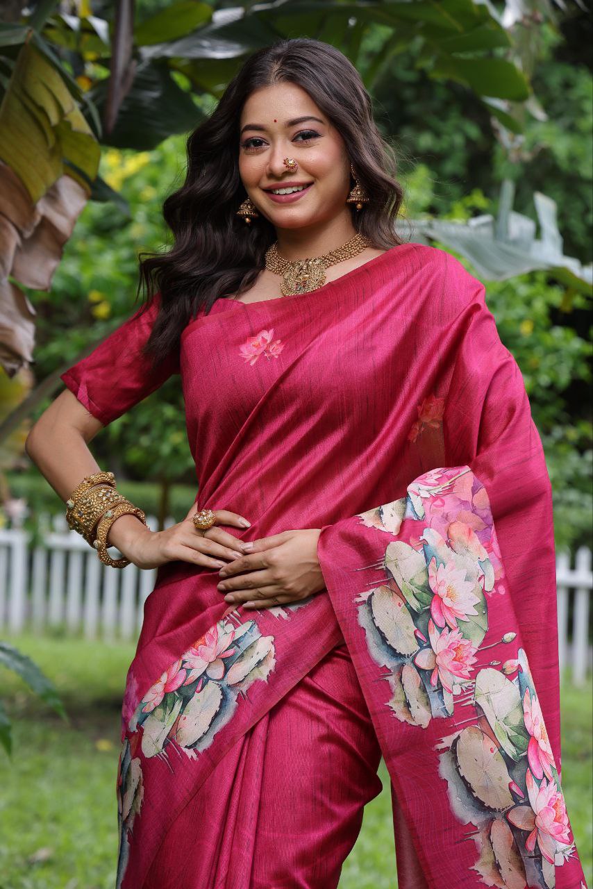 Rani Pink Lotus Printed Soft Tussar Silk Saree