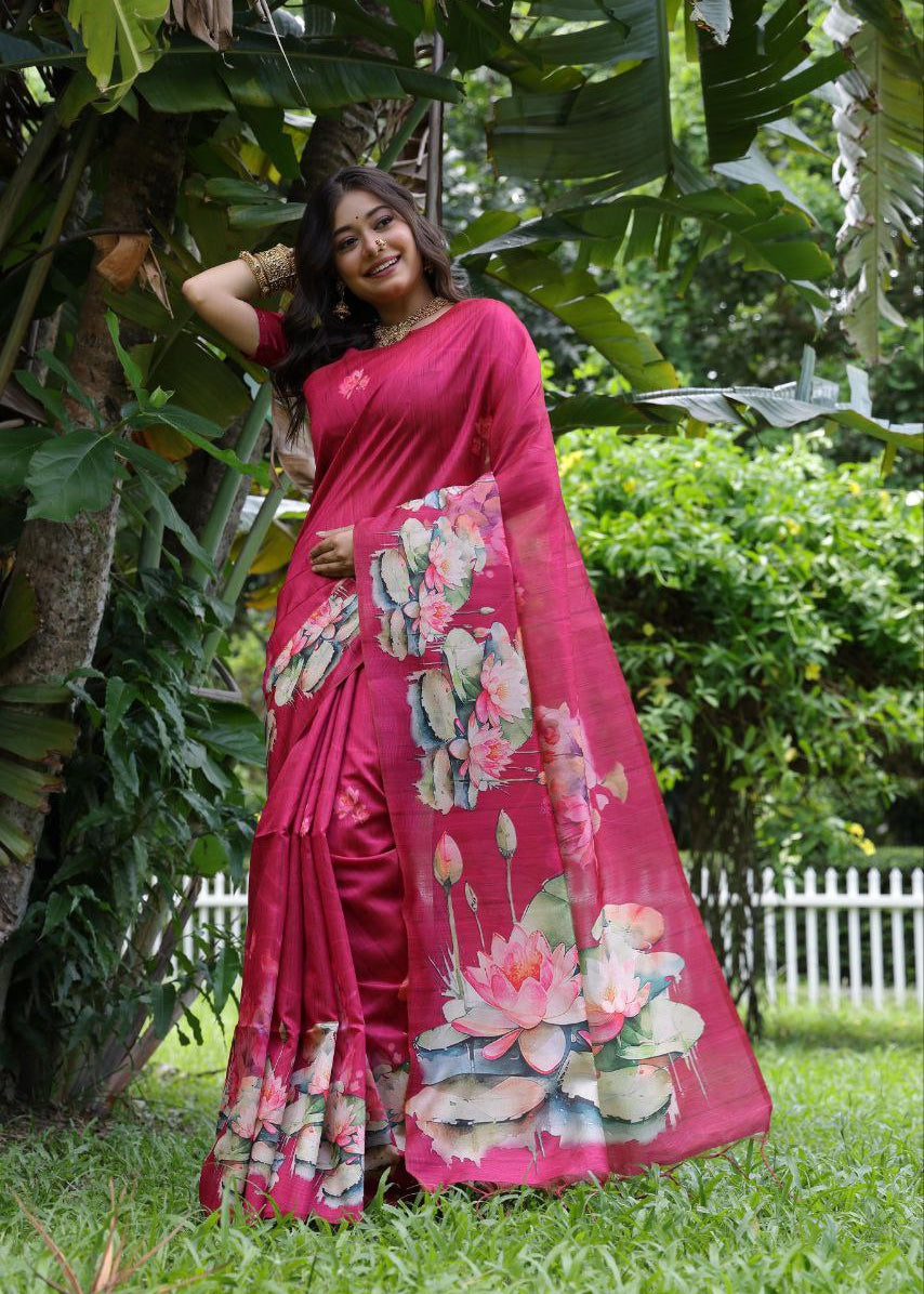 Rani Pink Lotus Printed Soft Tussar Silk Saree