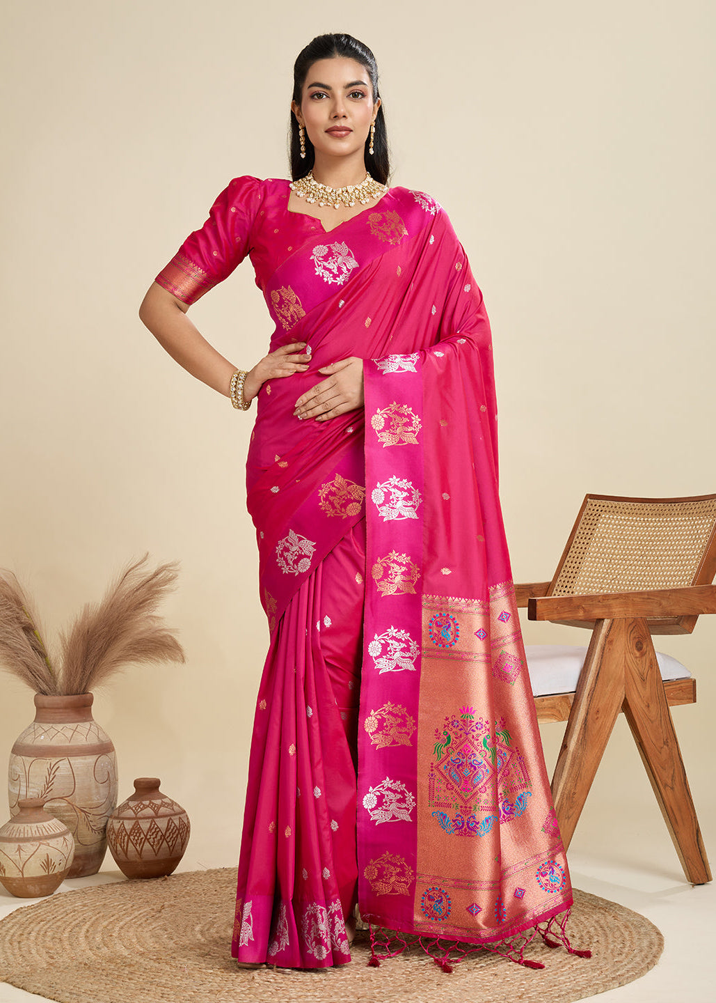 Rani Pink Pure Soft Kanjivaram Paithani Silk Saree