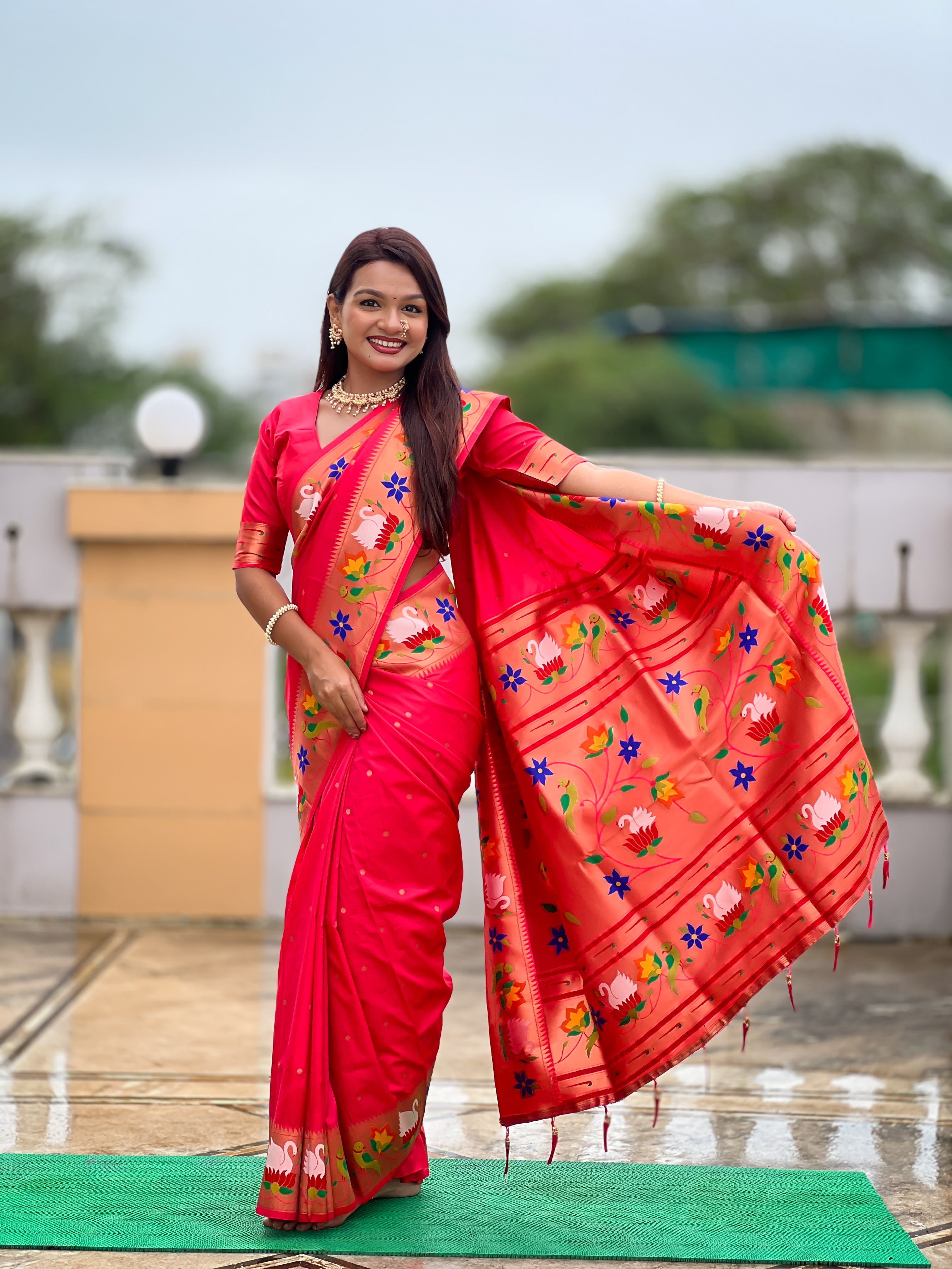 Carrot Pink Wedding Wear Soft Paithani Silk Saree