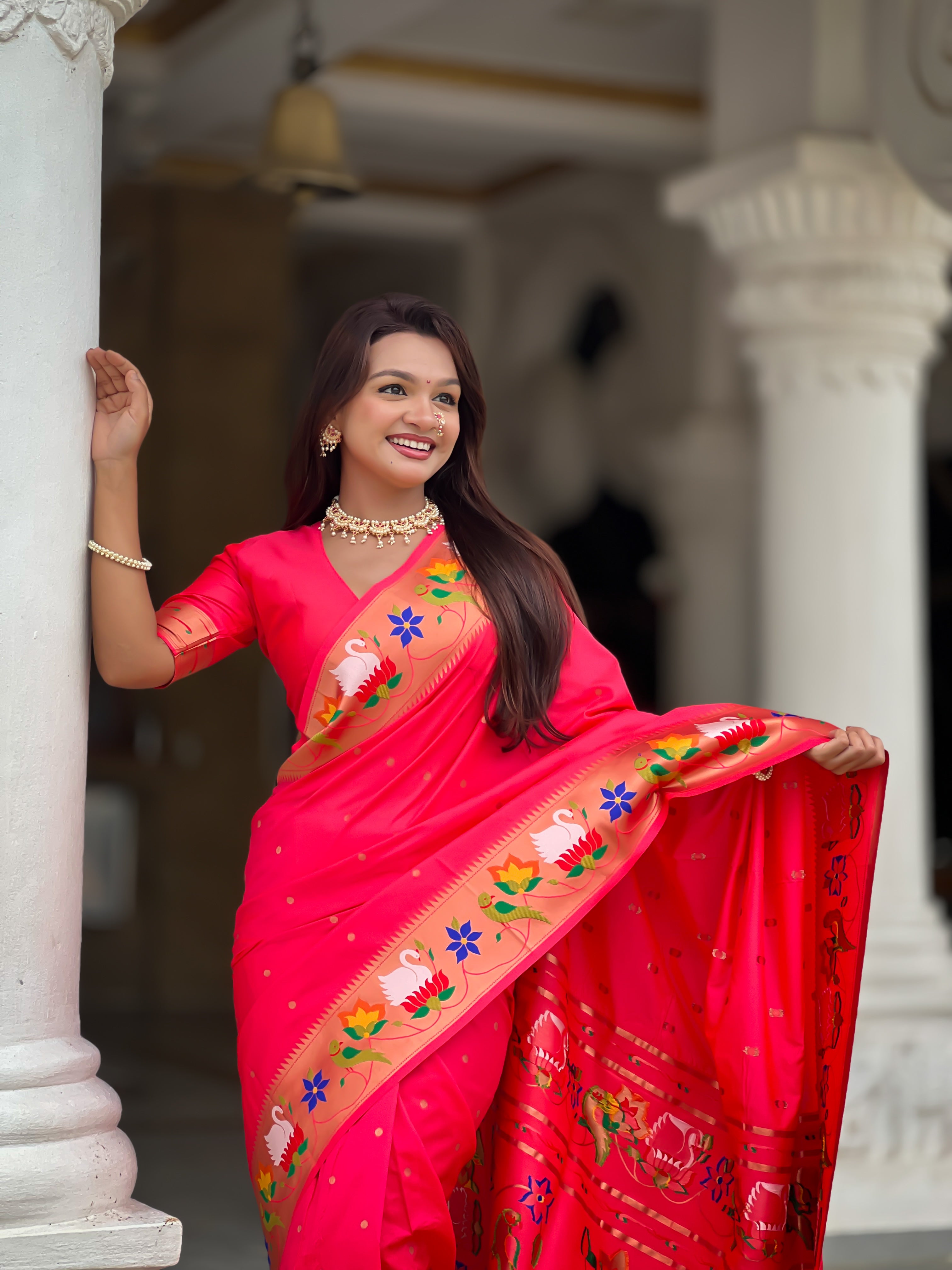 Carrot Pink Wedding Wear Soft Paithani Silk Saree