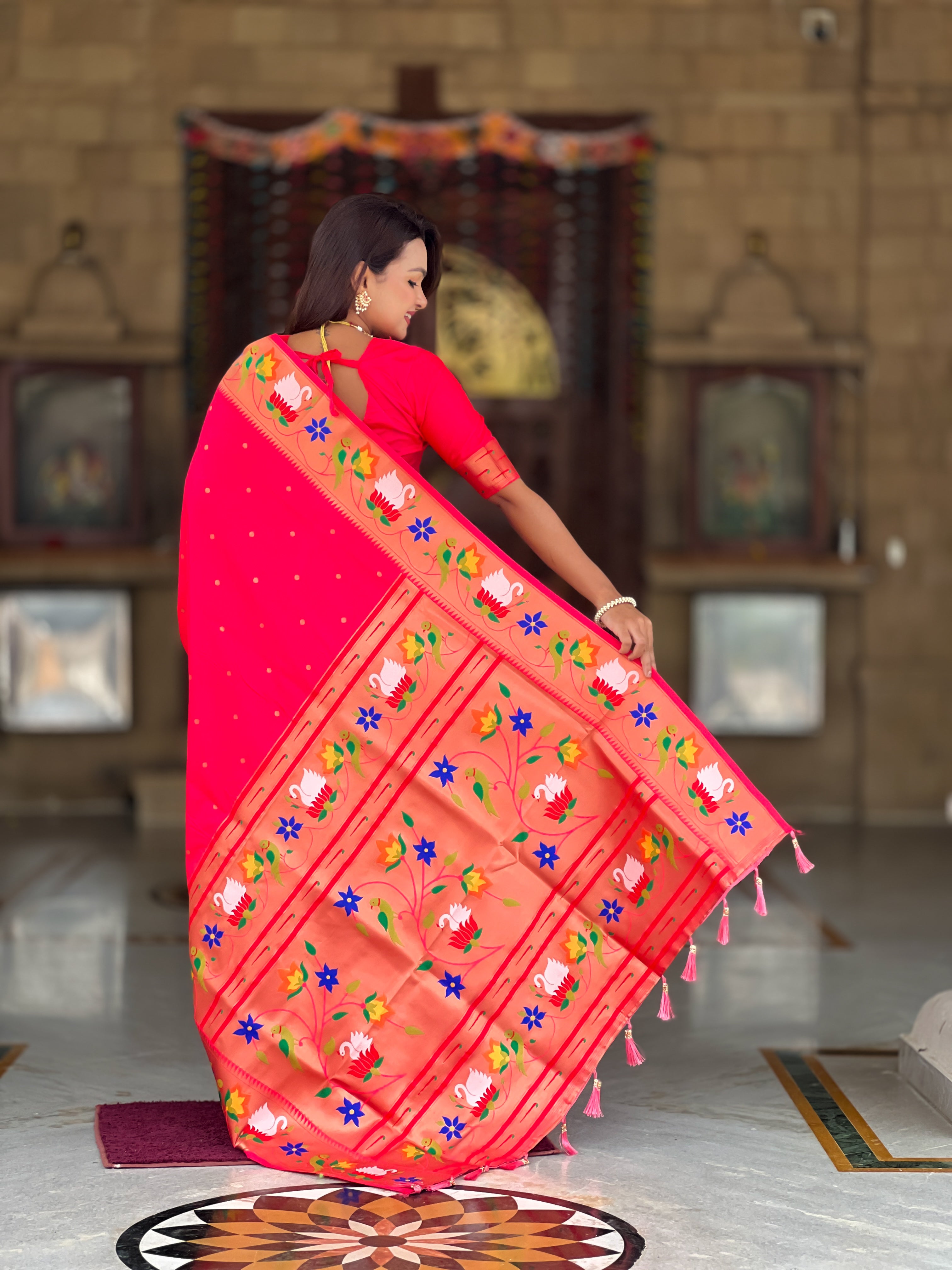 Carrot Pink Wedding Wear Soft Paithani Silk Saree