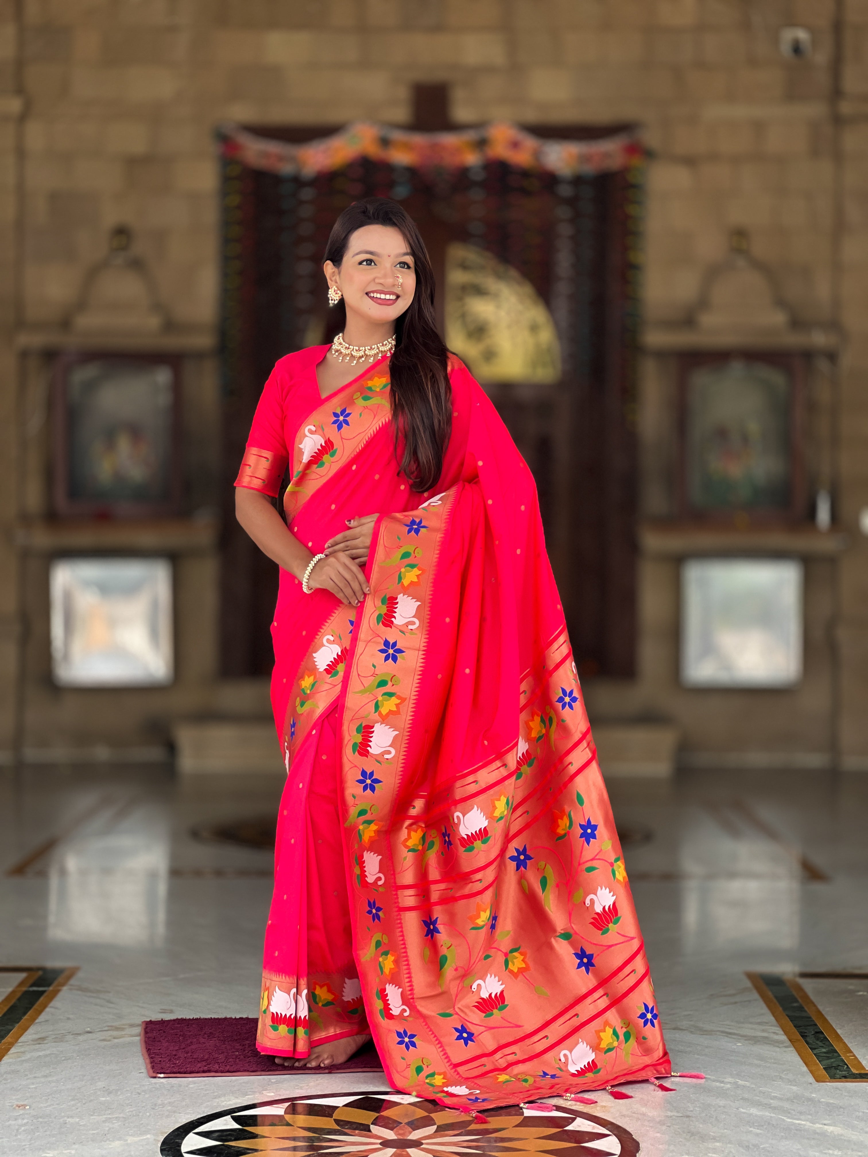 Carrot Pink Wedding Wear Soft Paithani Silk Saree