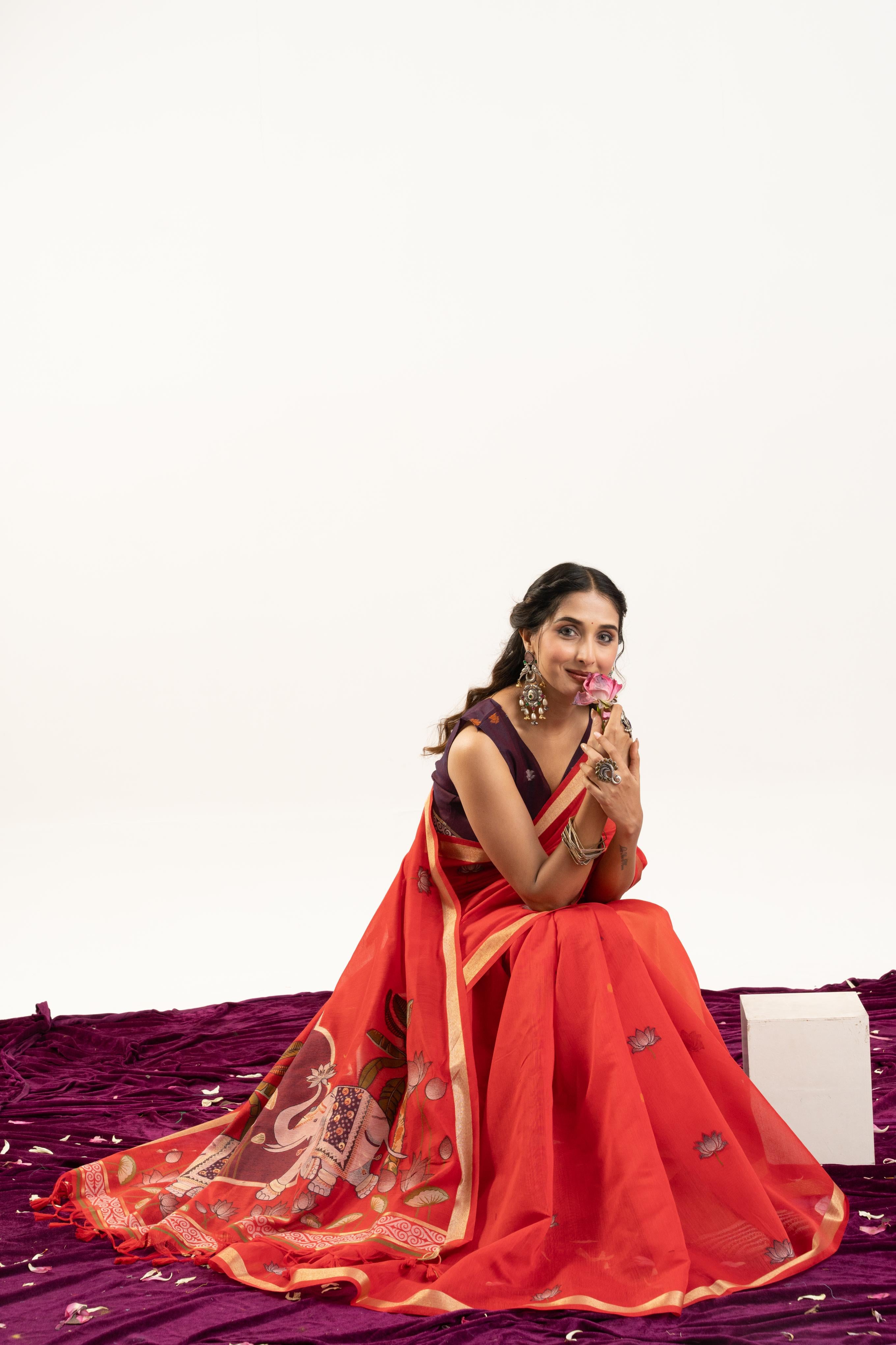 Red Designer Muga Cotton Saree