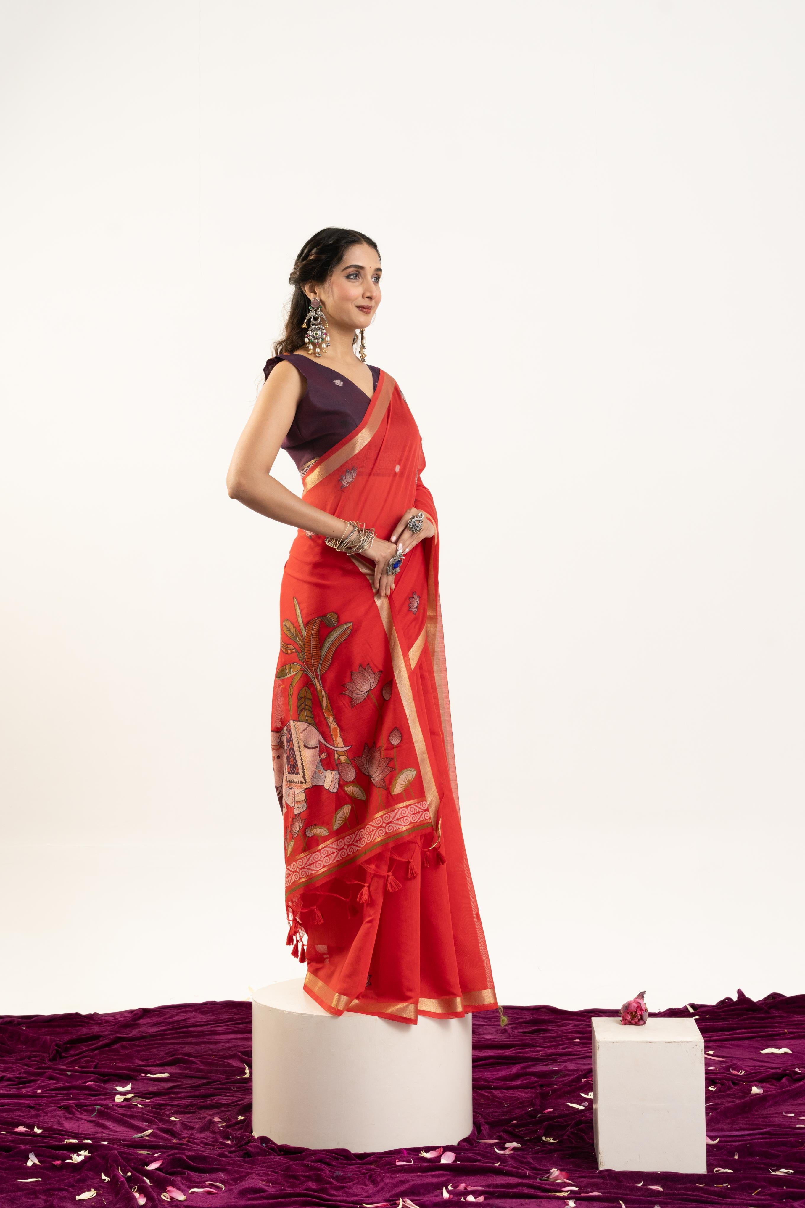 Red Designer Muga Cotton Saree