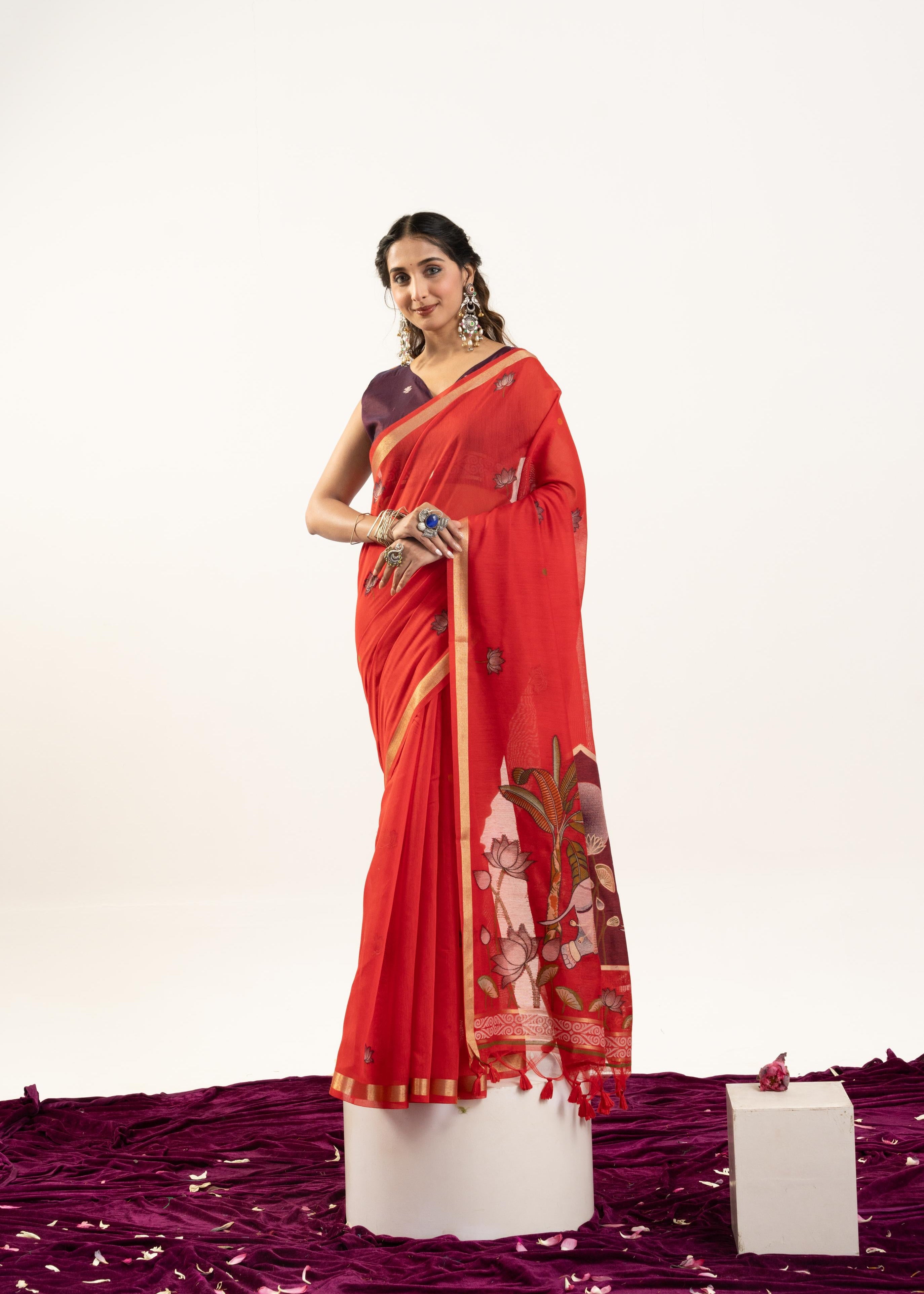 Red Designer Muga Cotton Saree