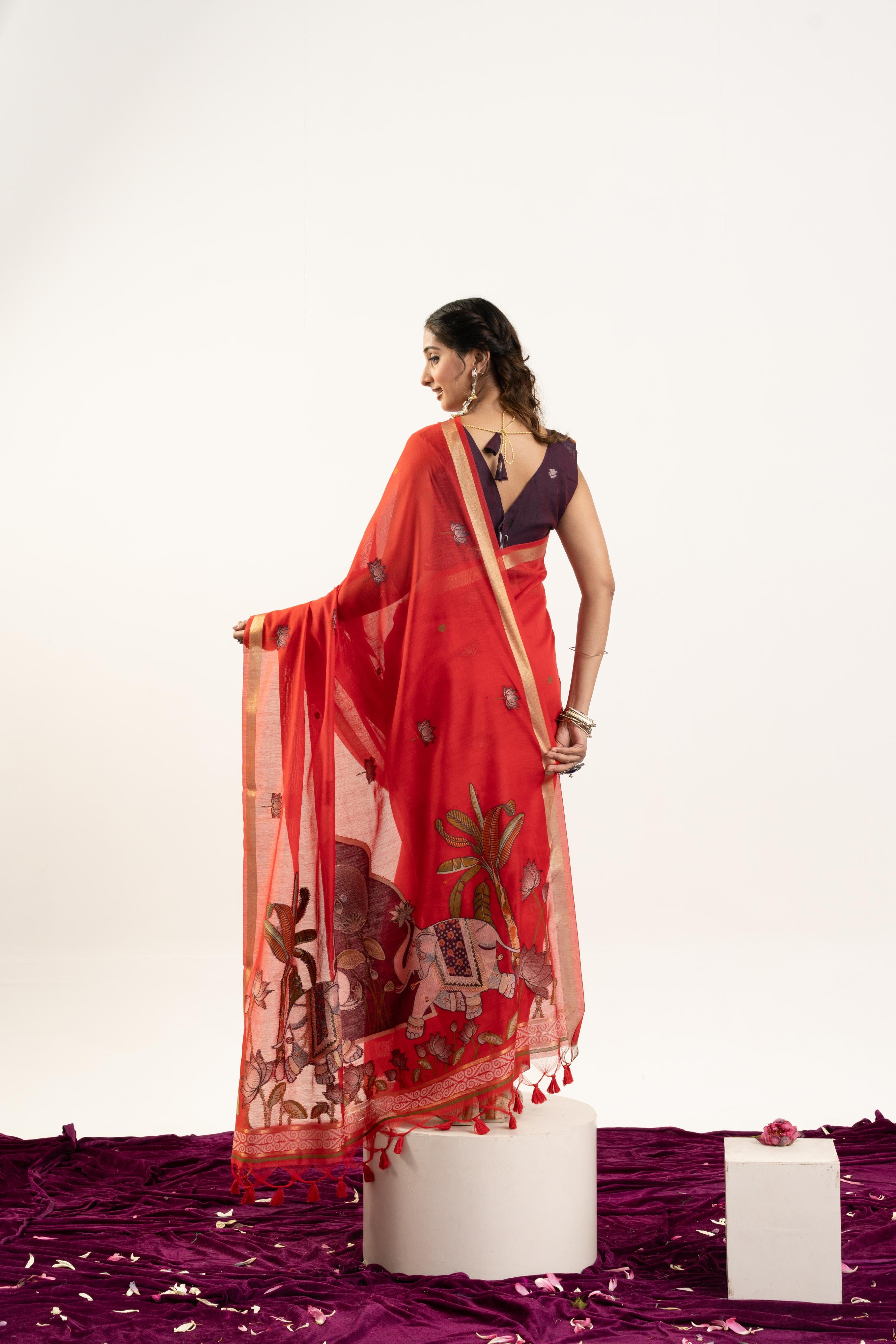 Red Designer Muga Cotton Saree