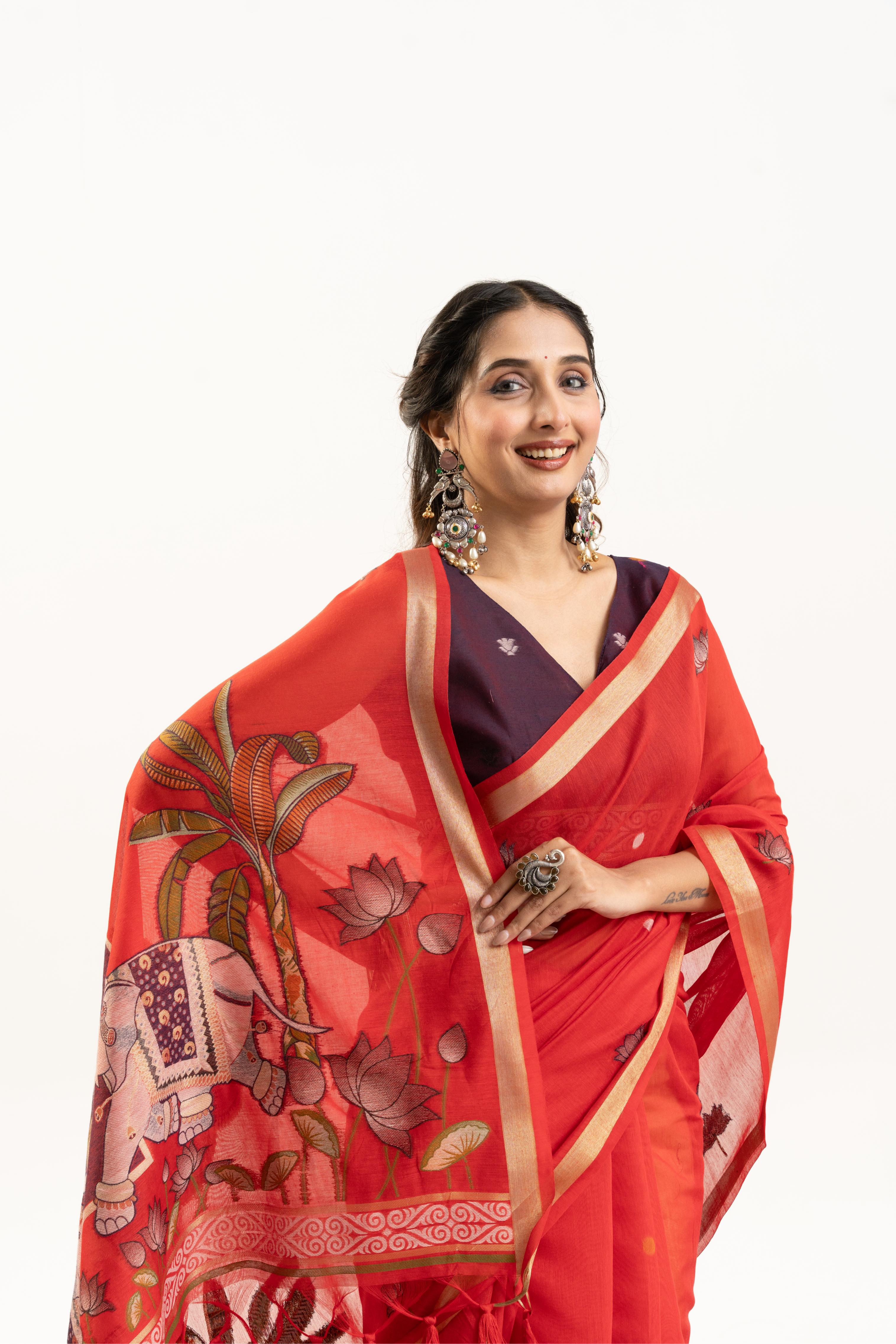 Red Designer Muga Cotton Saree