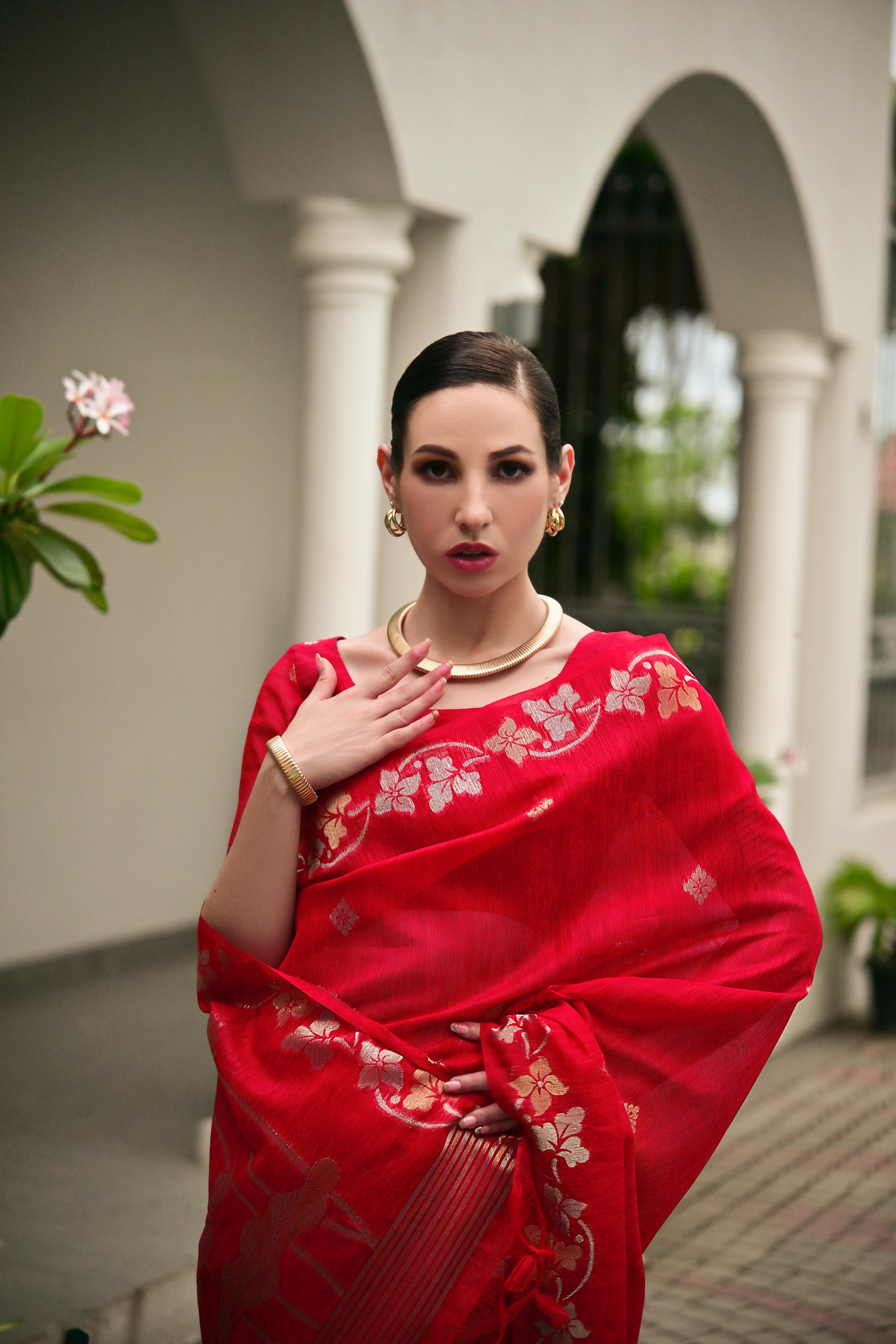 Red Jute Linen Silk Saree