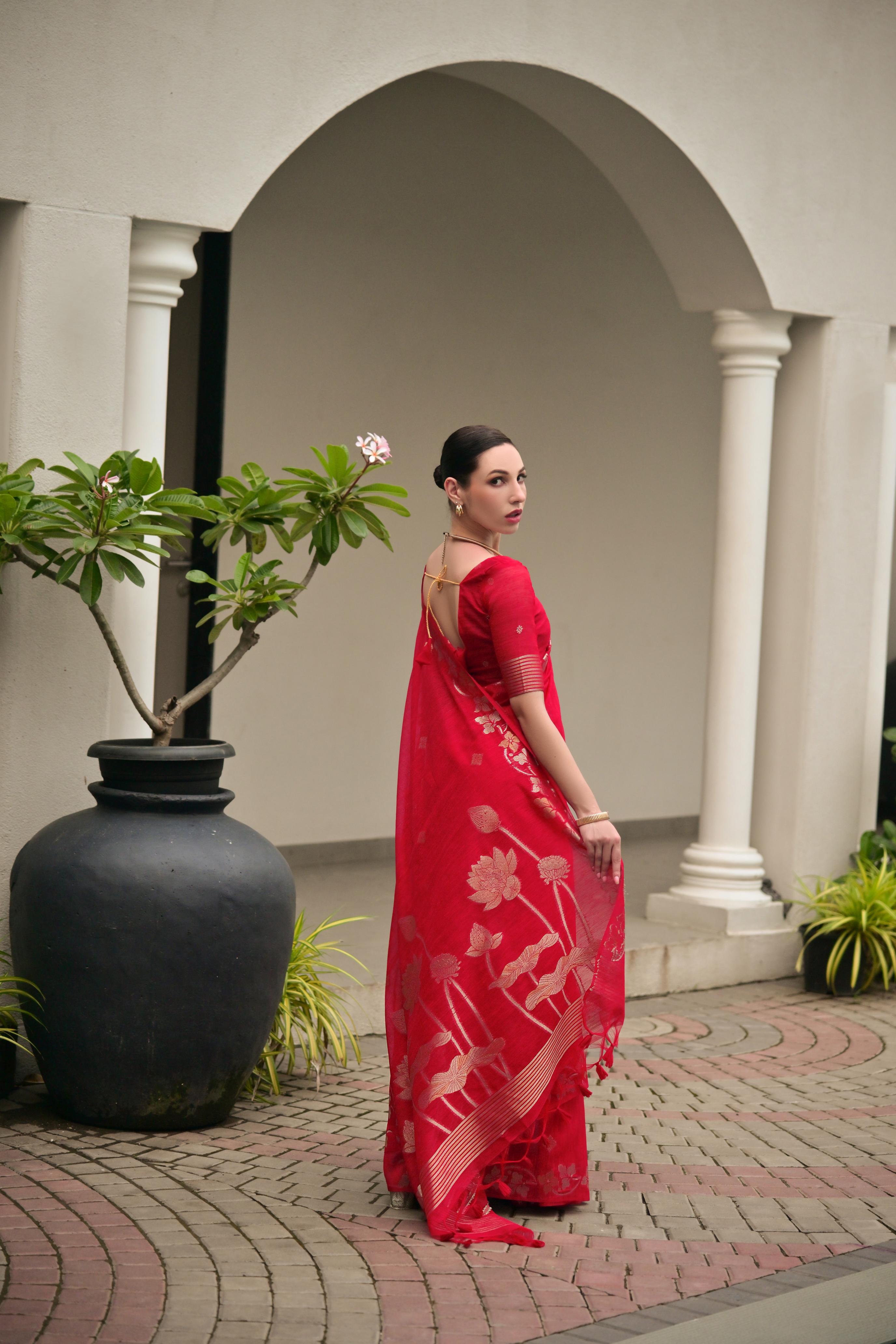 Red Jute Linen Silk Saree