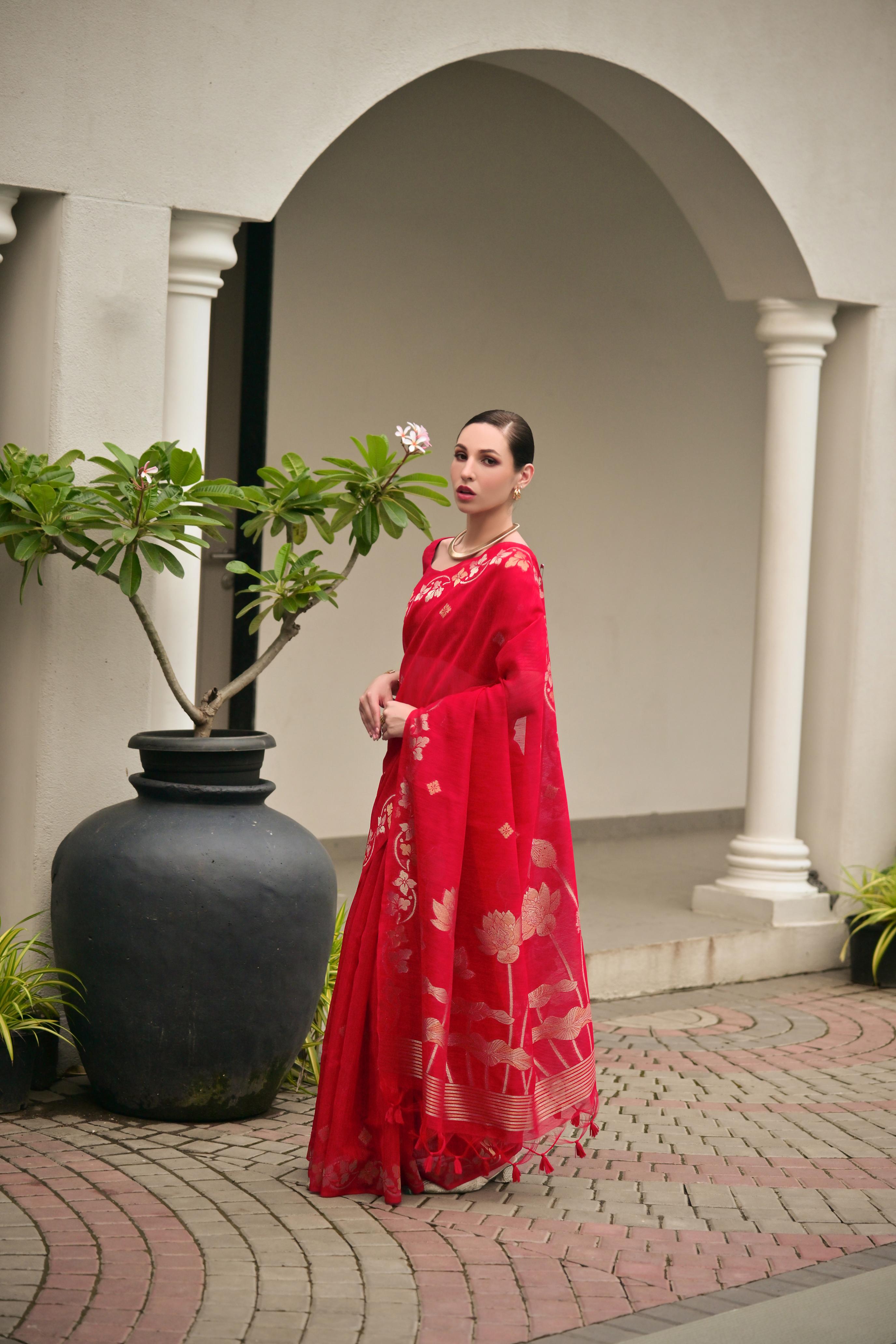 Red Jute Linen Silk Saree