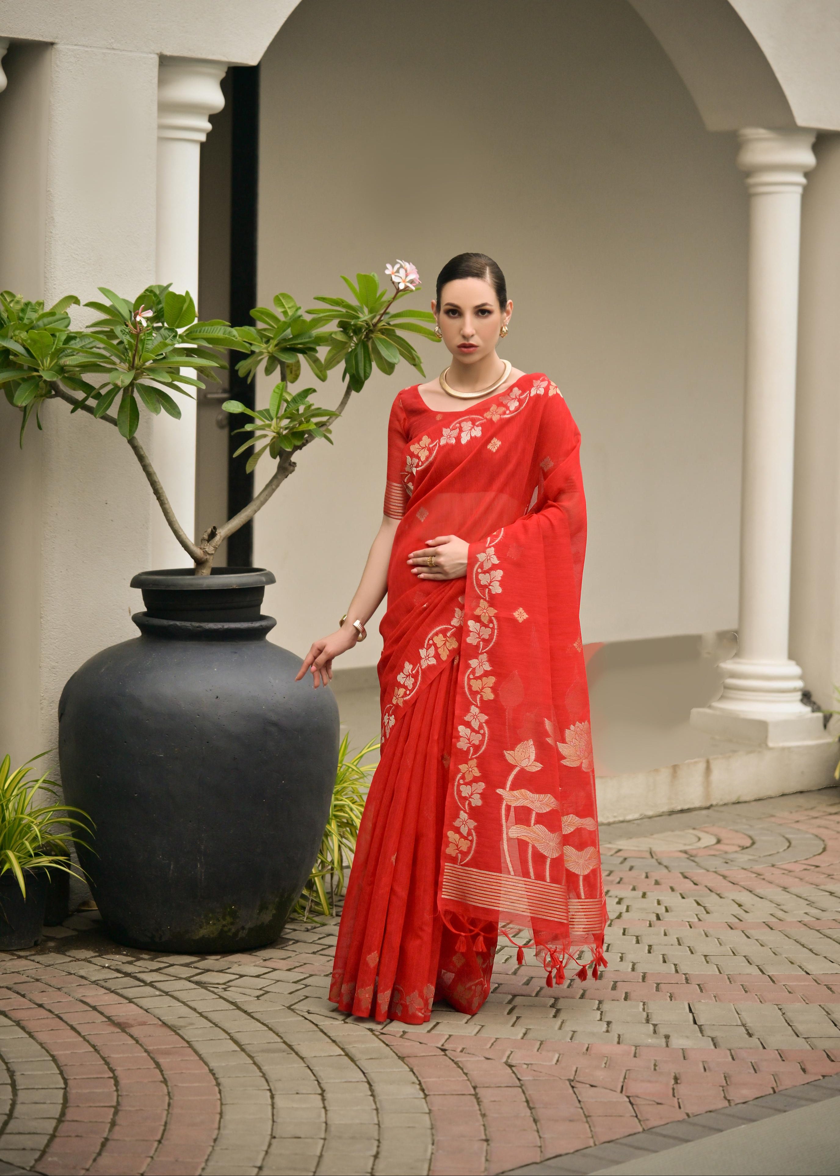 Red Jute Linen Silk Saree
