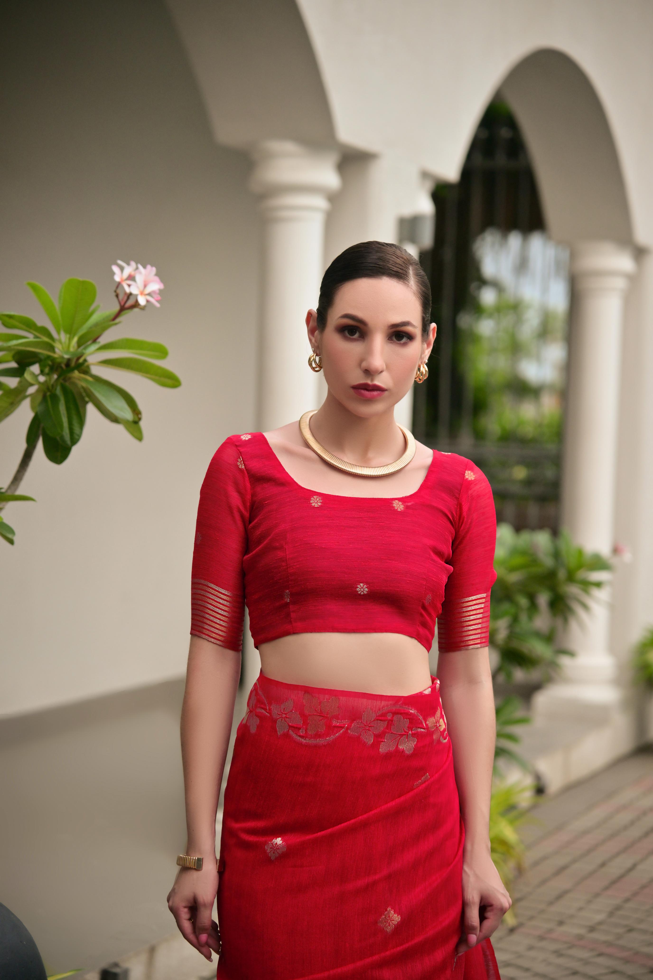Red Jute Linen Silk Saree