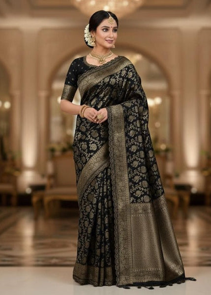 Black Traditional Litchi Silk Saree