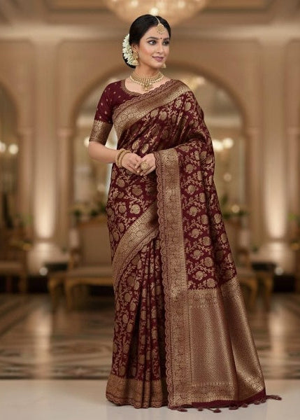 Maroon Traditional Litchi Silk Saree