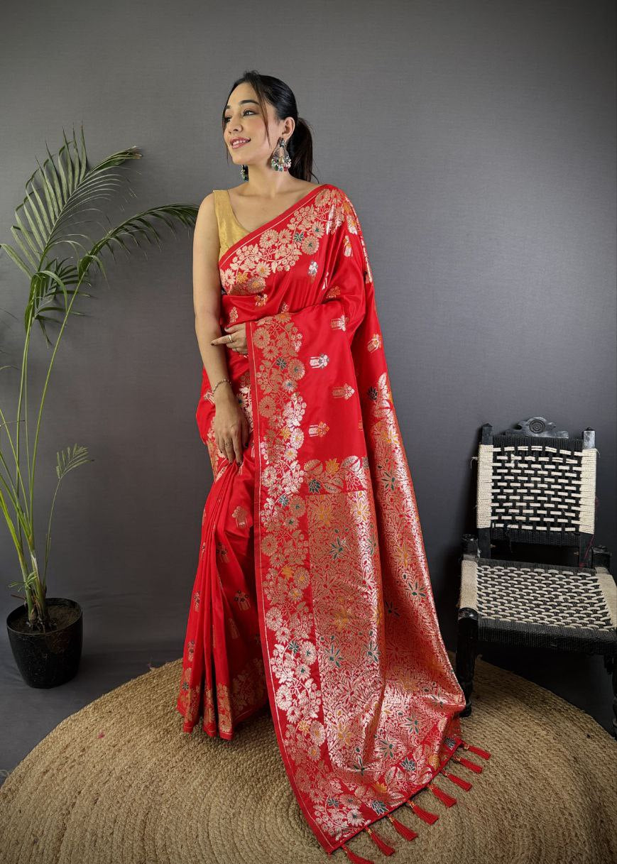 Red Wedding Wear Soft Banarasi Silk Saree