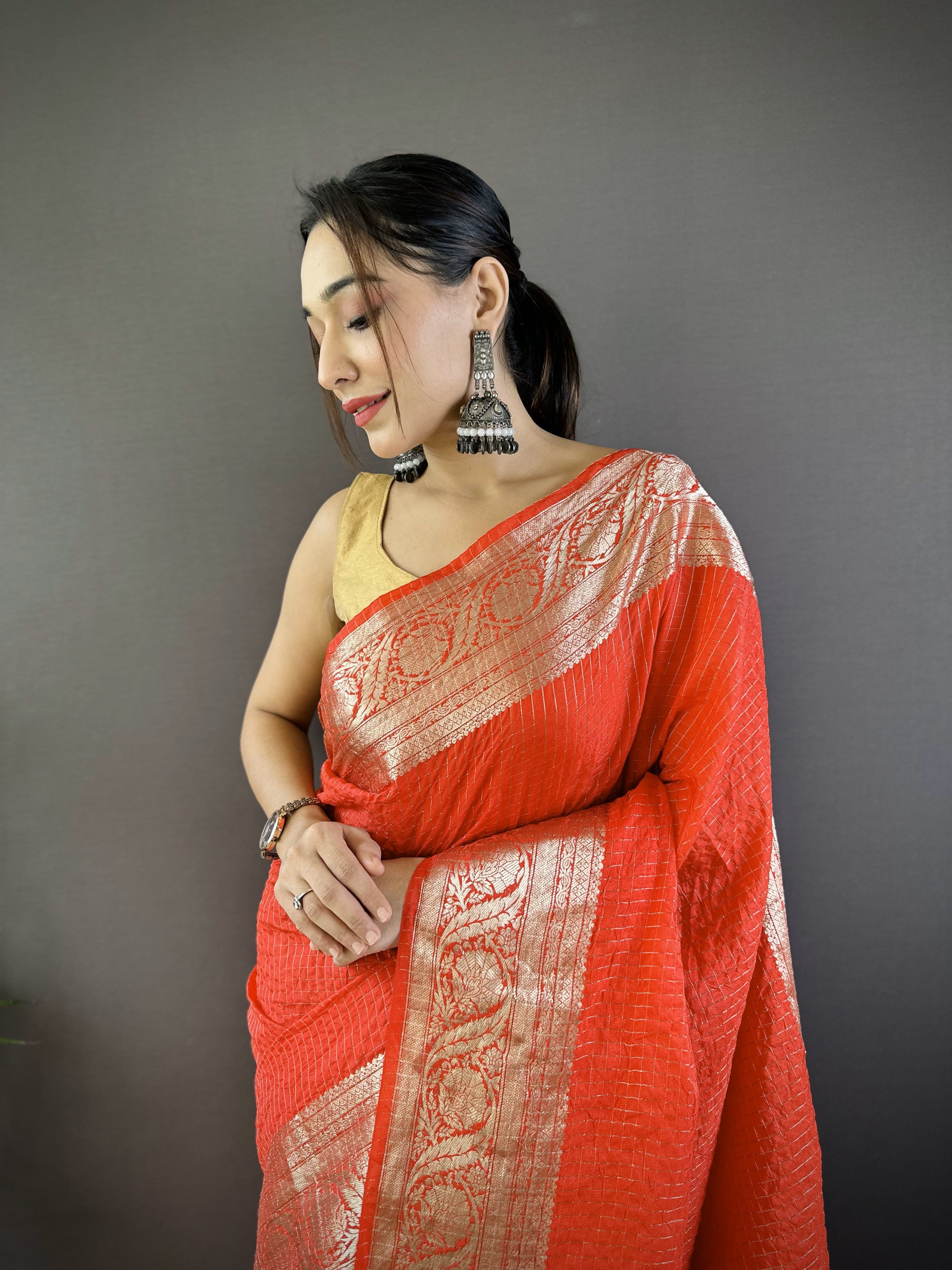 Reddish Orange Pure Naylon Viscose Saree