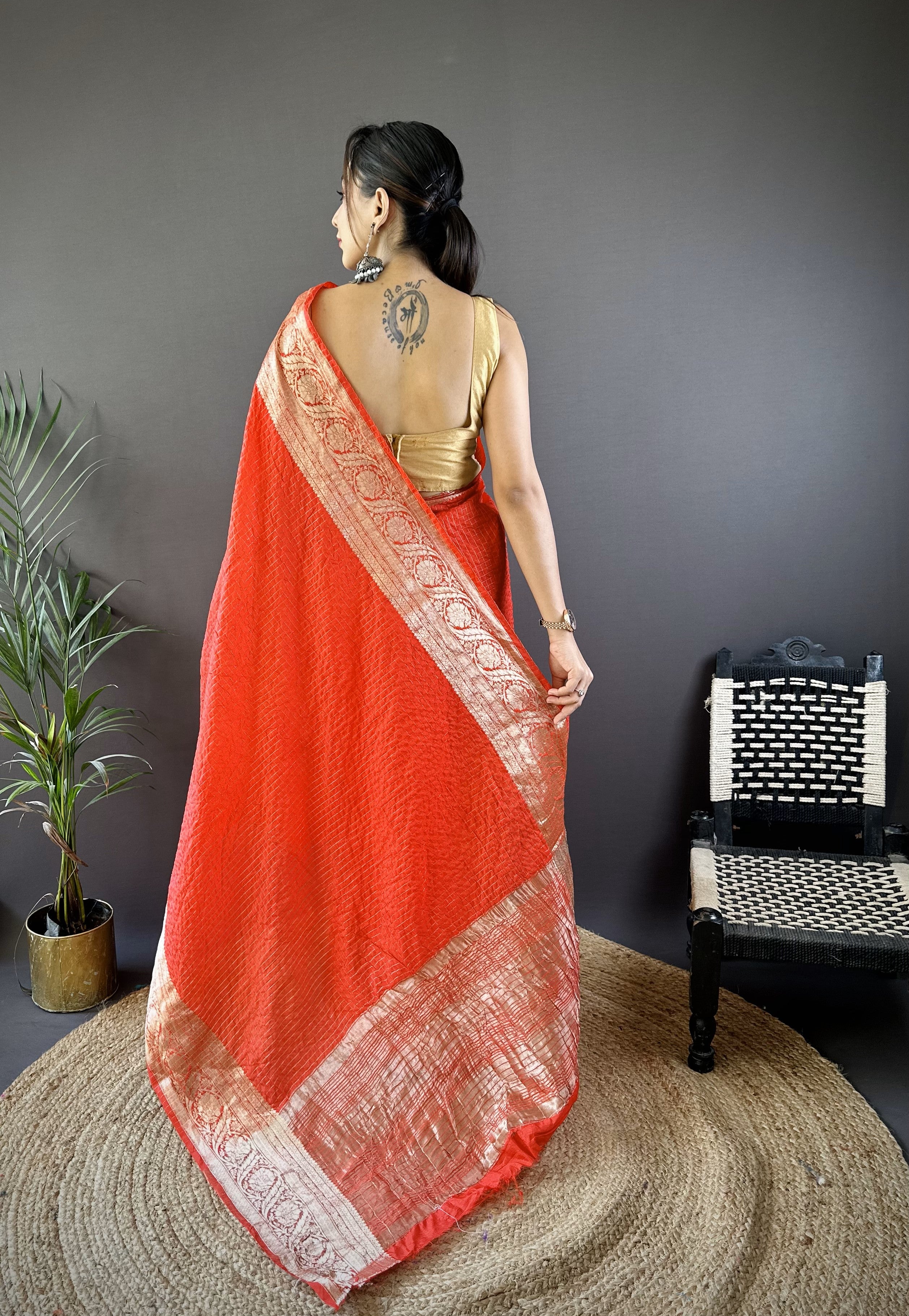 Reddish Orange Pure Naylon Viscose Saree