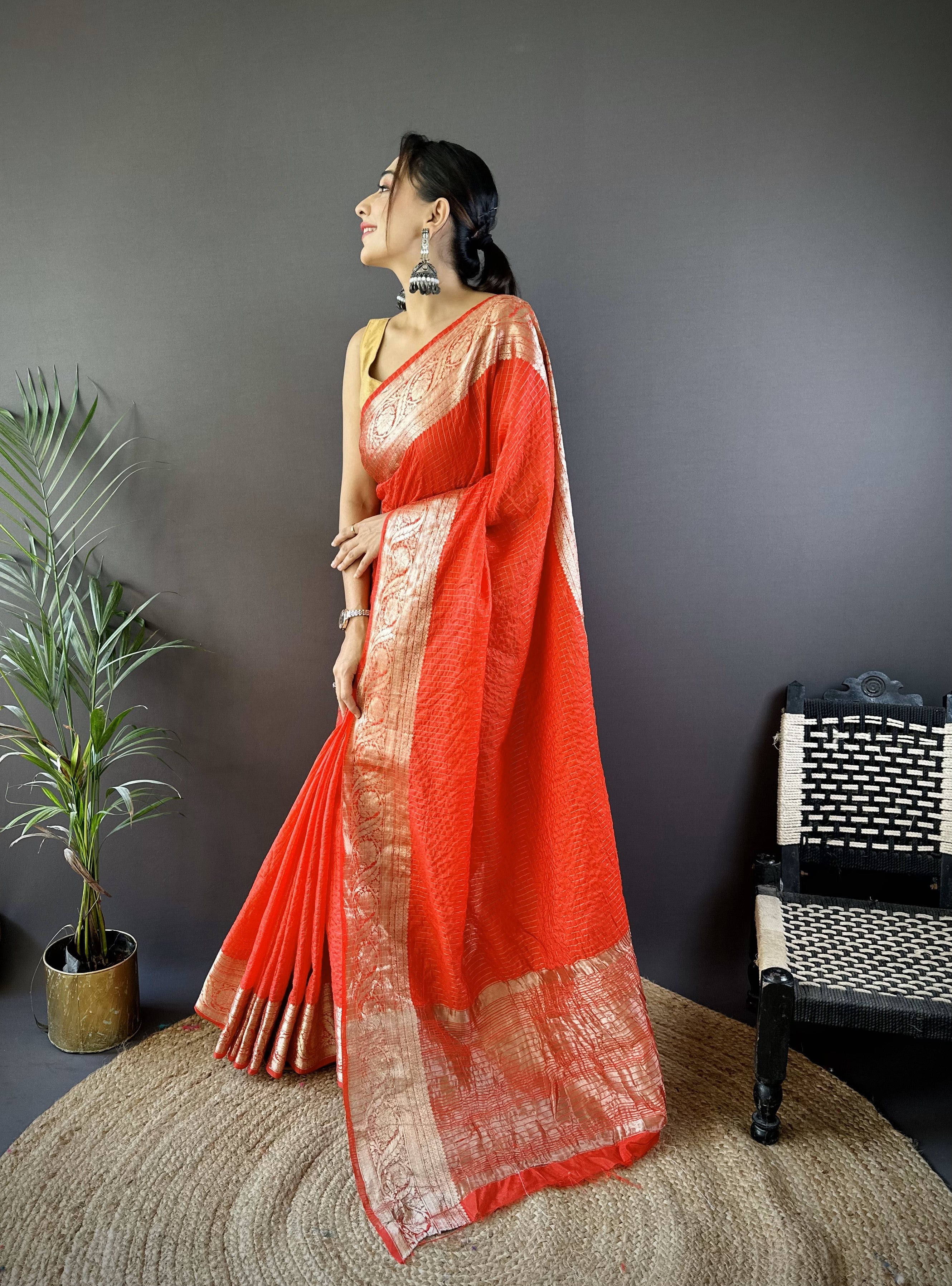 Reddish Orange Pure Naylon Viscose Saree