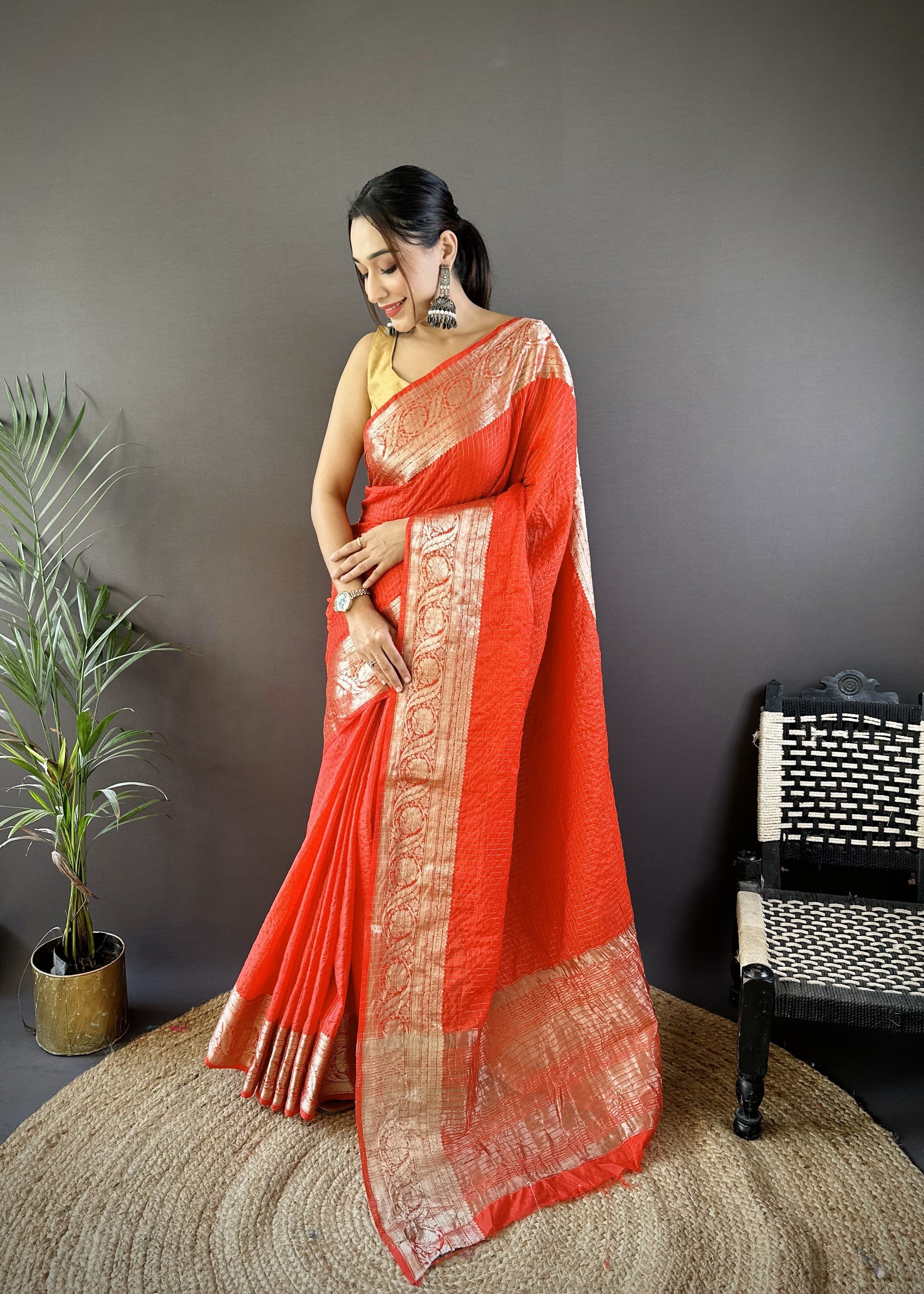 Reddish Orange Pure Naylon Viscose Saree