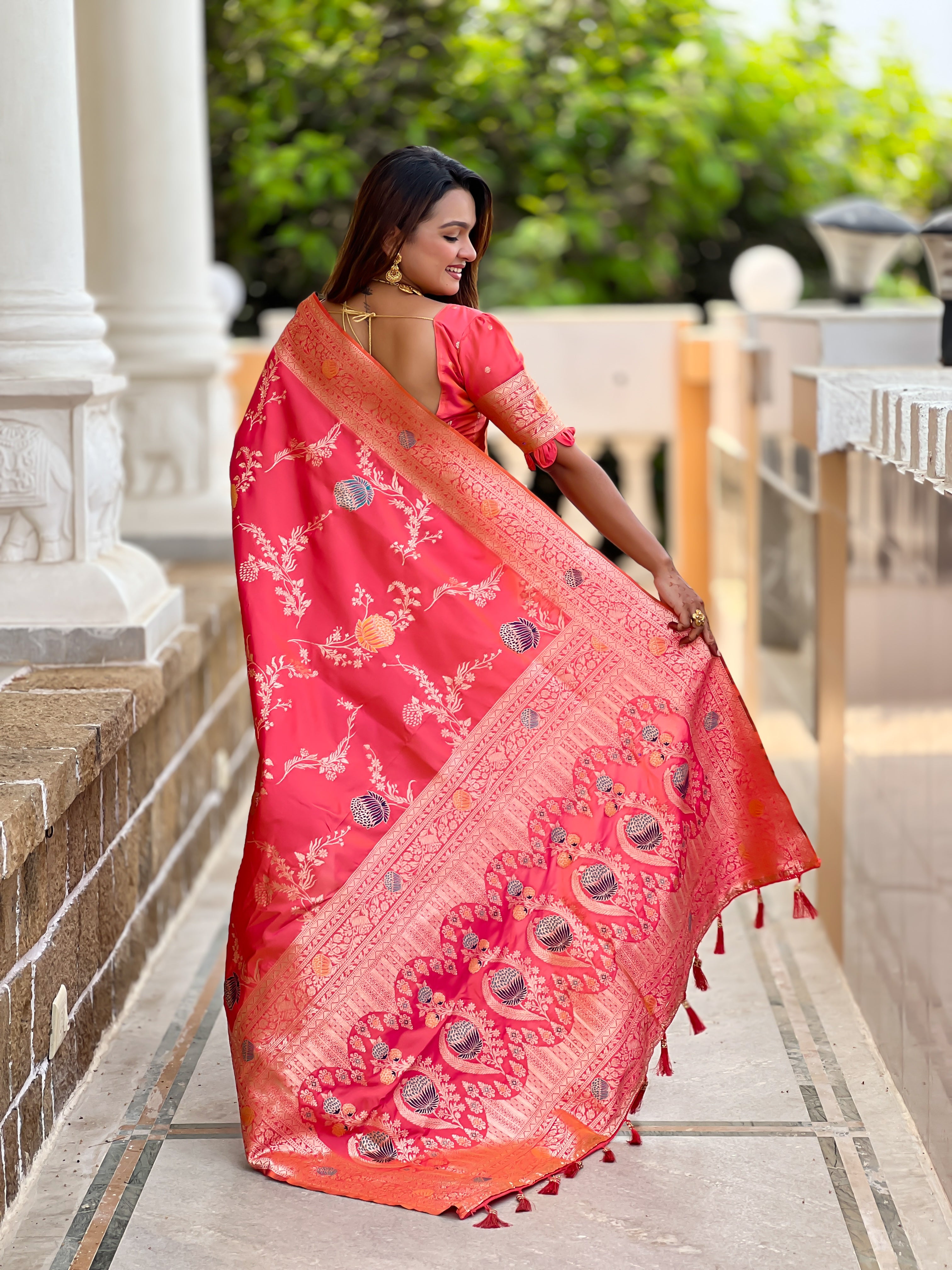 Reddish Pink Wedding Wear Soft Banarasi Silk Saree