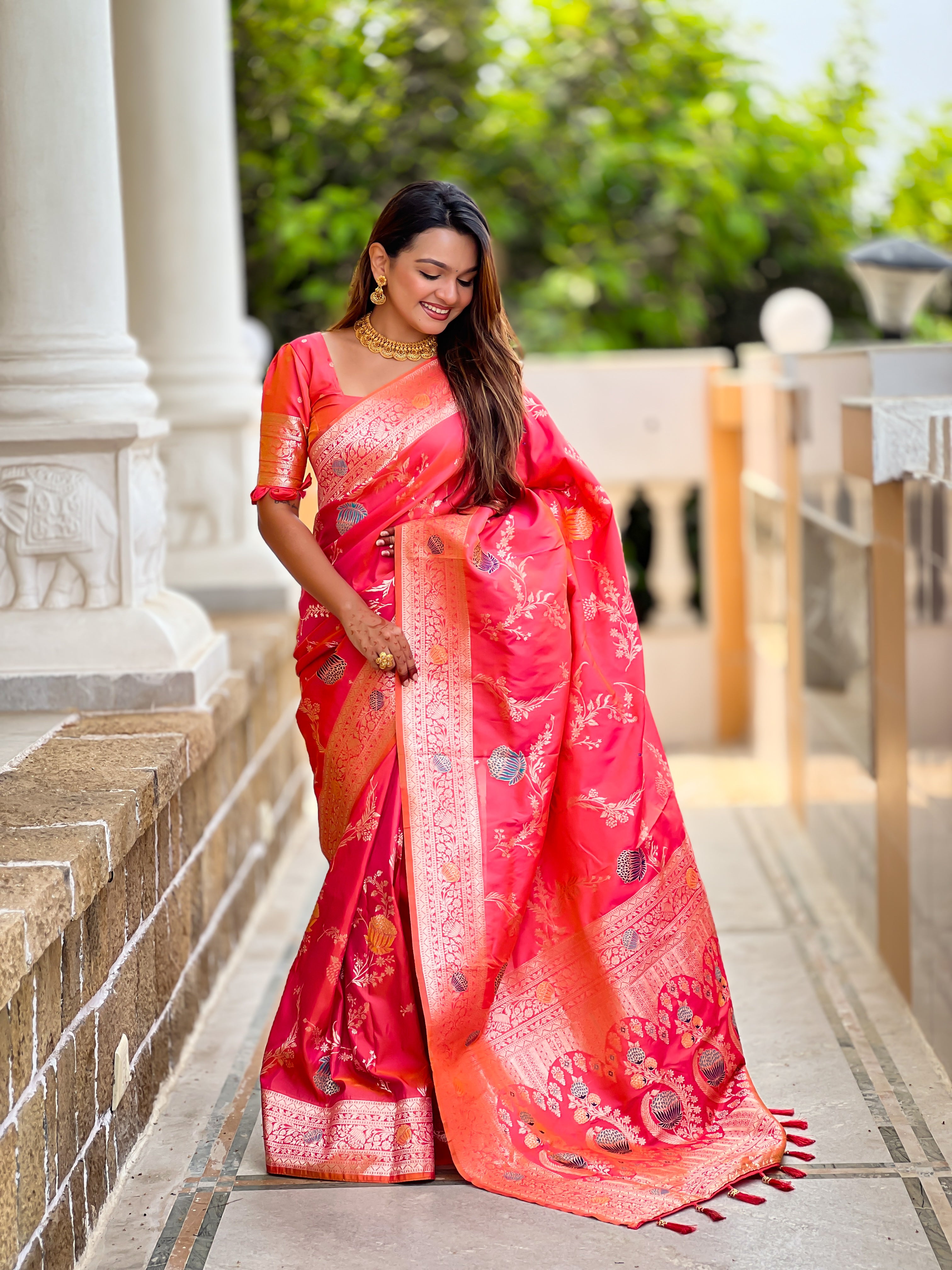 Reddish Pink Wedding Wear Soft Banarasi Silk Saree