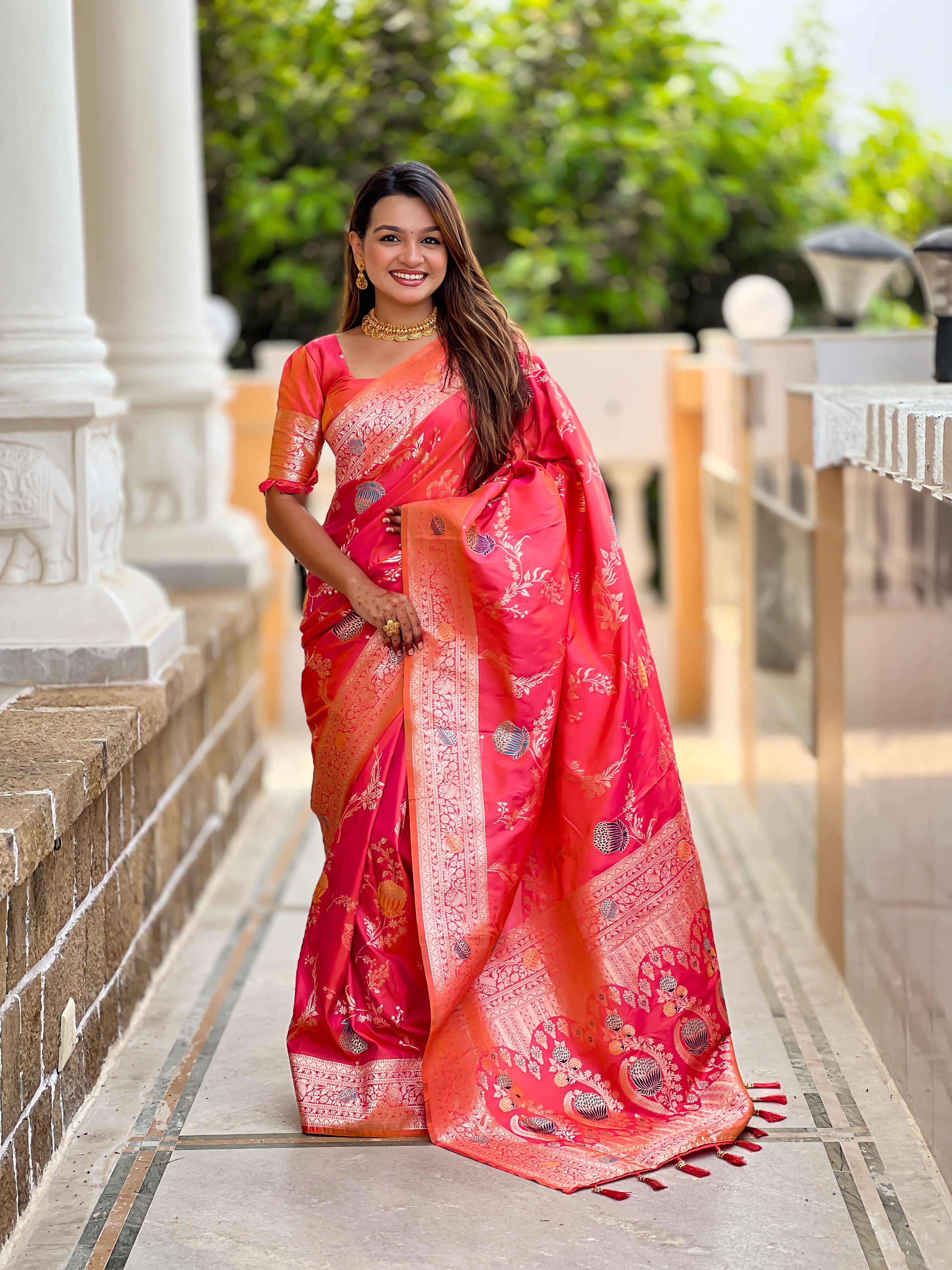 Reddish Pink Wedding Wear Soft Banarasi Silk Saree