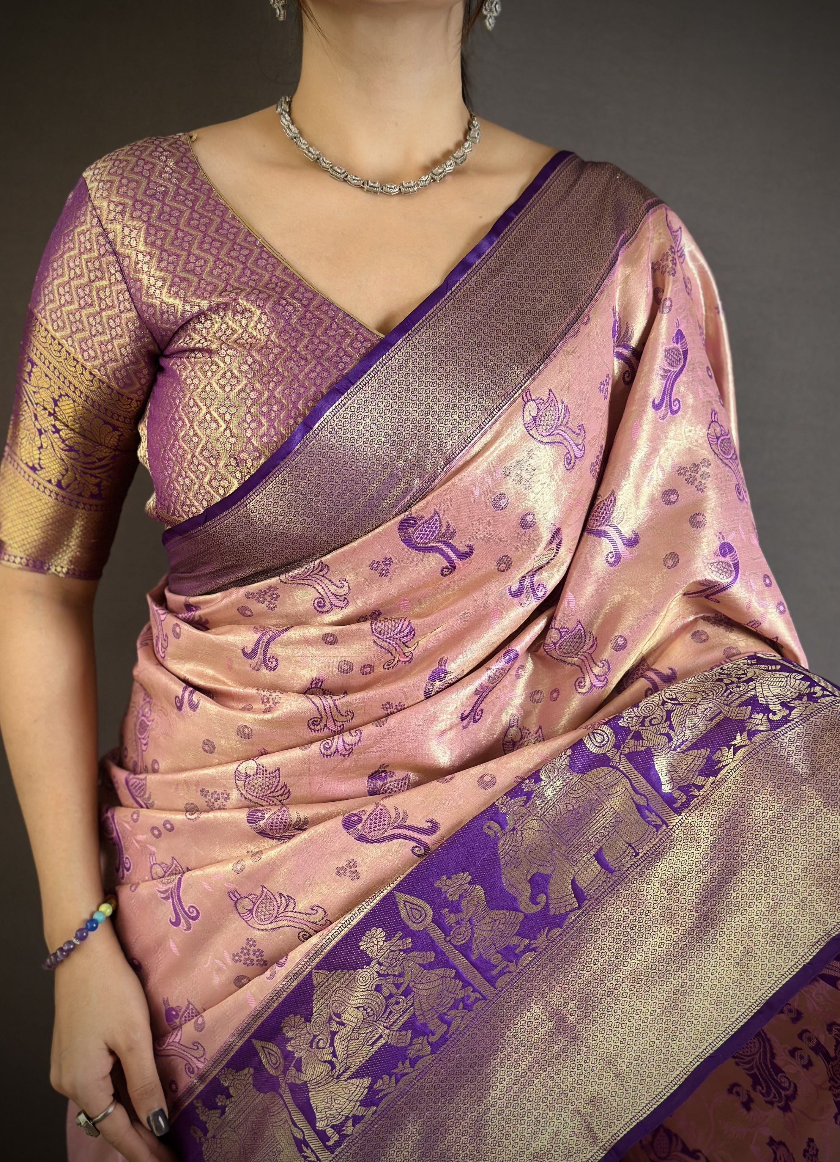 Rose & Purple Peacock Kanjivaram Silk Saree