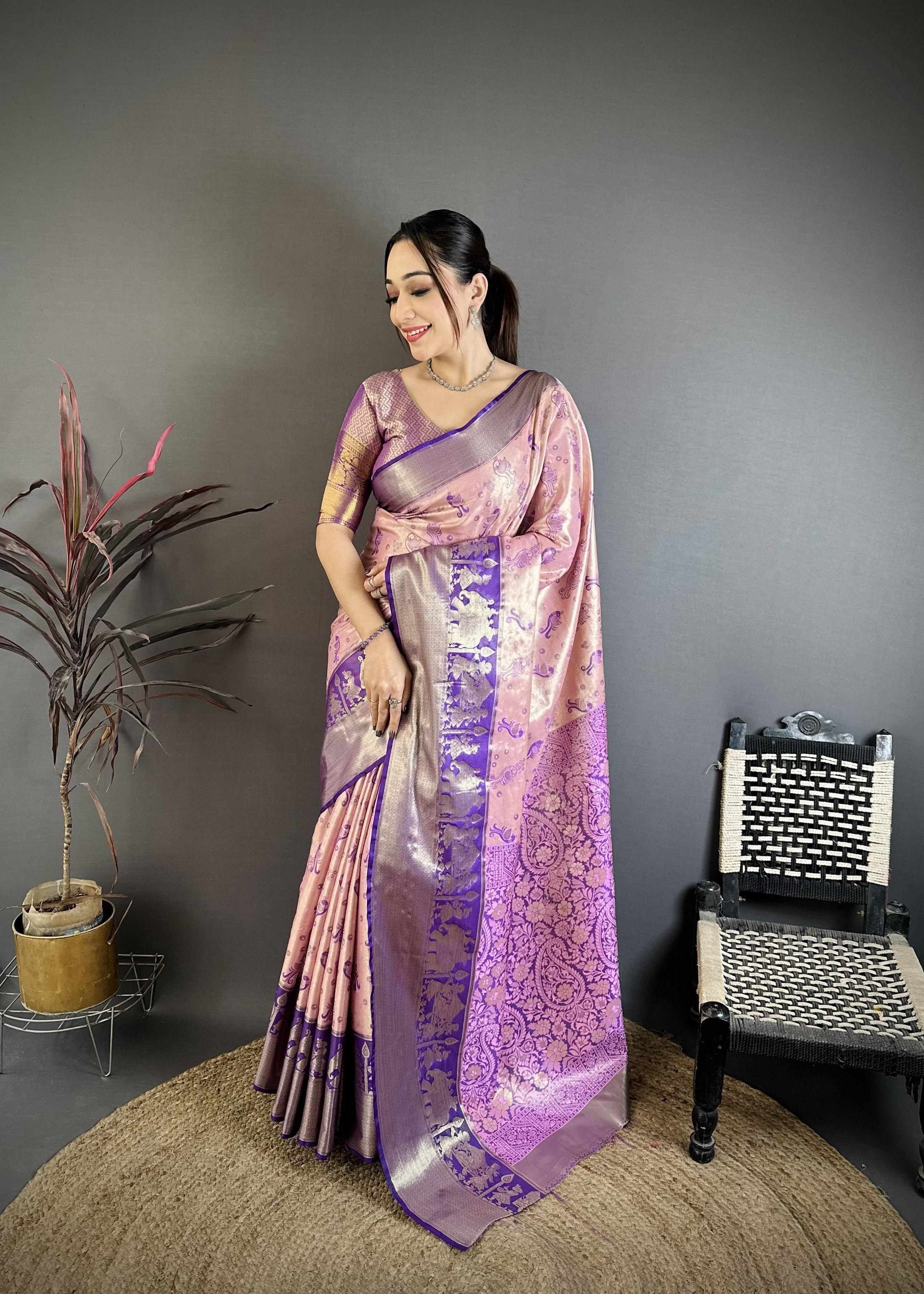Rose & Purple Peacock Kanjivaram Silk Saree
