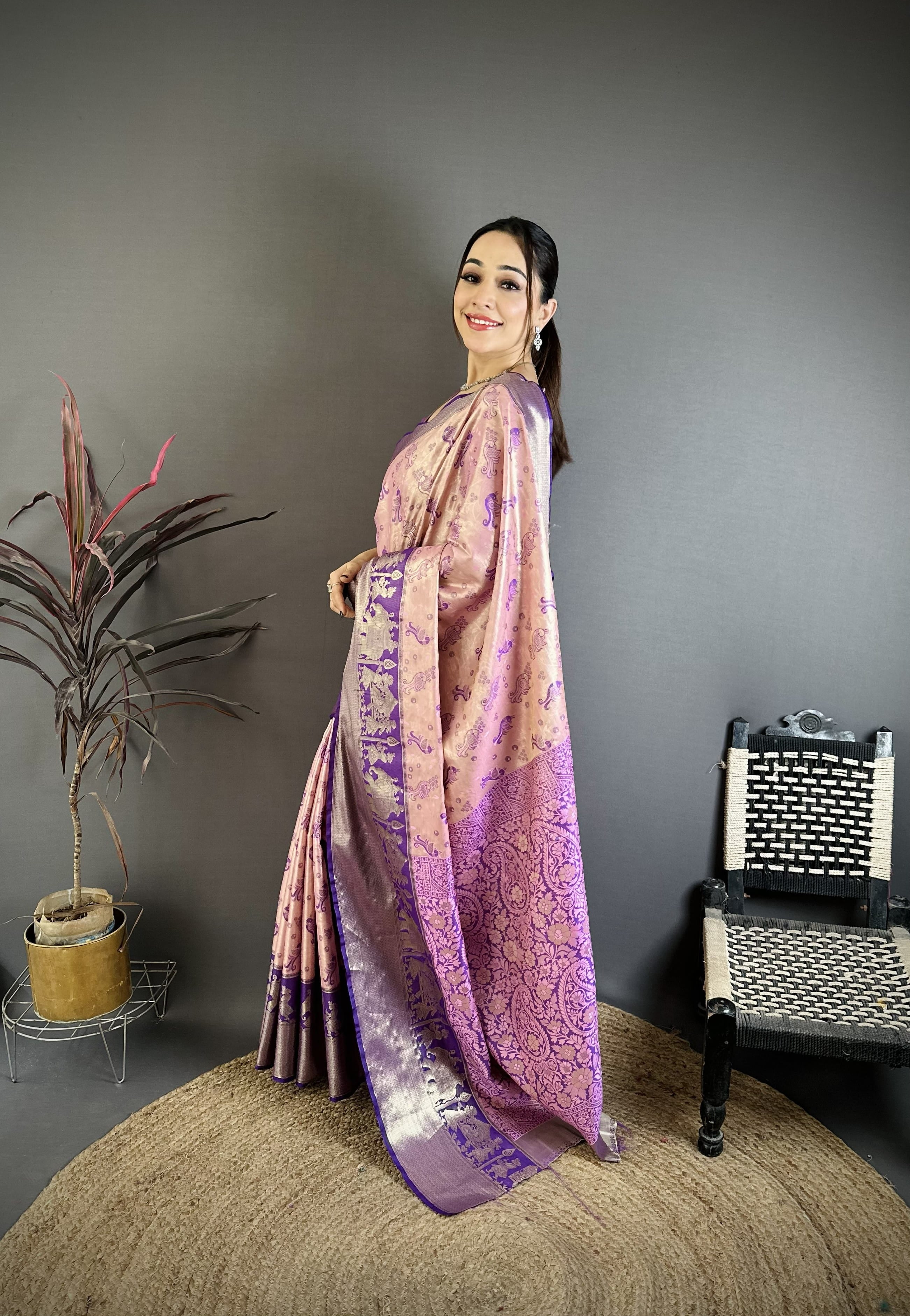 Rose & Purple Peacock Kanjivaram Silk Saree