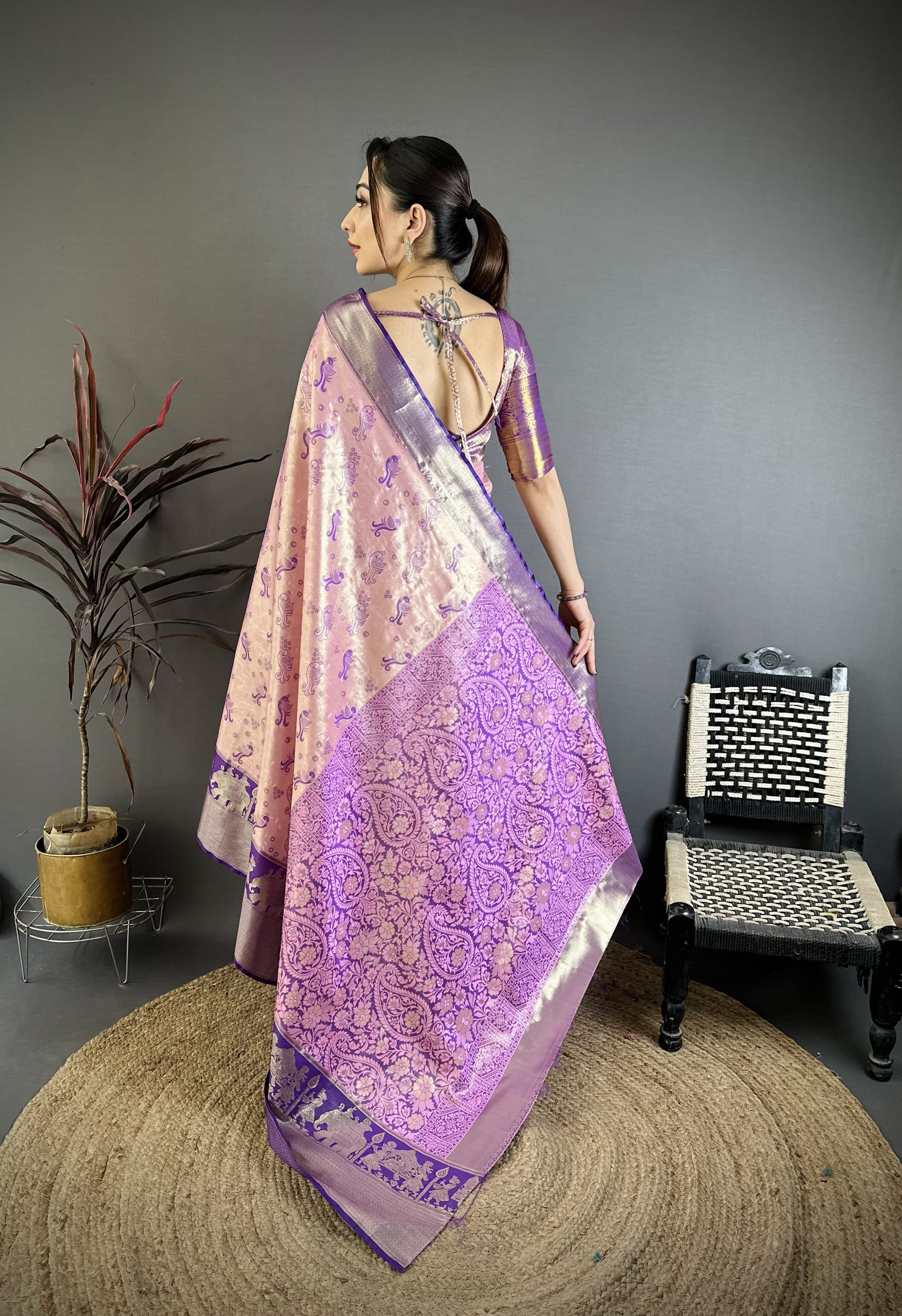 Rose & Purple Peacock Kanjivaram Silk Saree