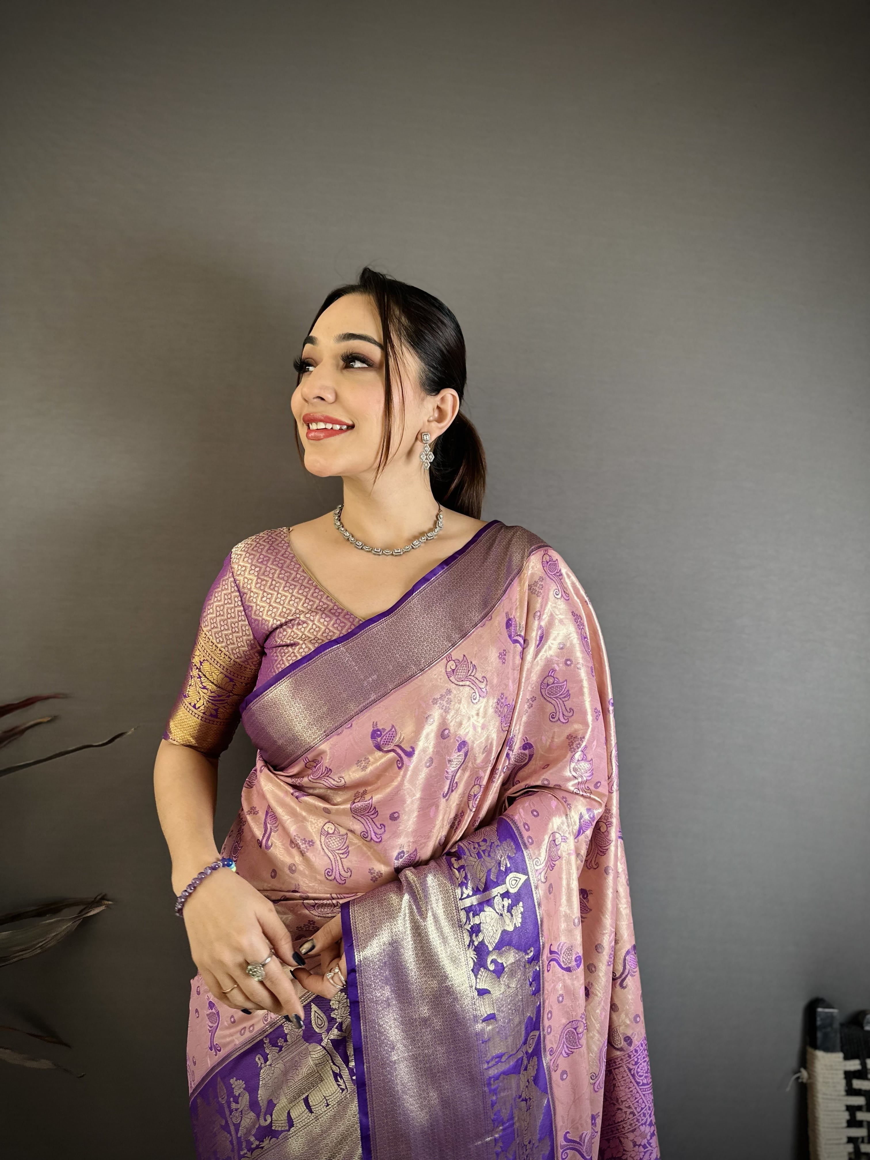Rose & Purple Peacock Kanjivaram Silk Saree