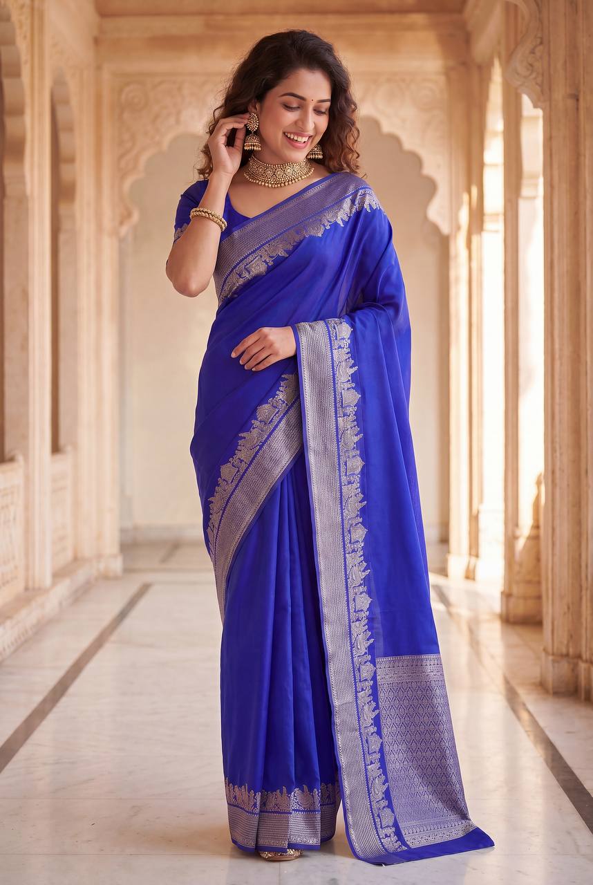 Royal Blue Traditional Lichi Silk Saree