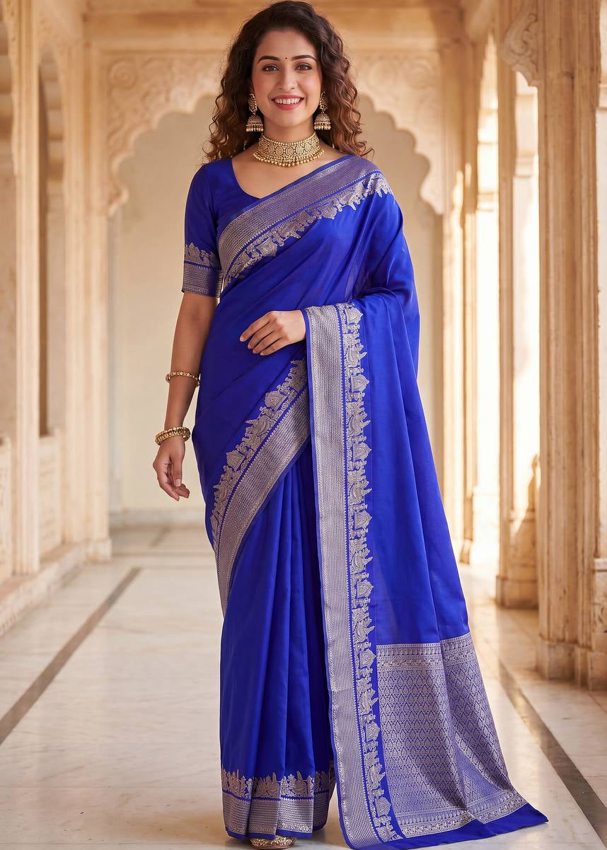 Royal Blue Traditional Lichi Silk Saree