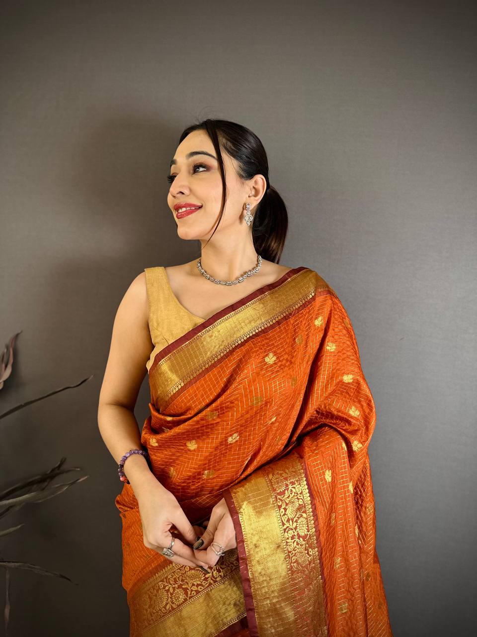 Rusty Orange Banarasi Soft Tissue Silk Saree