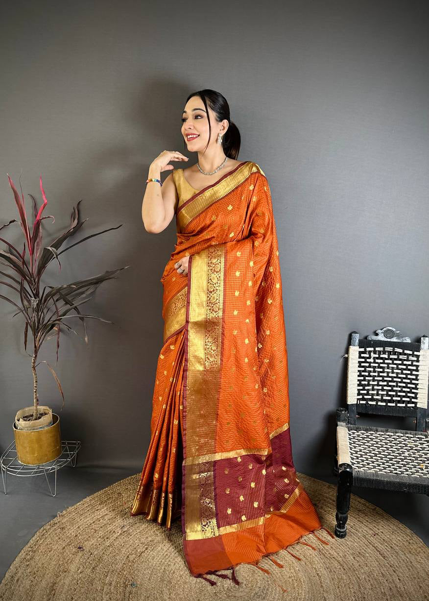 Rusty Orange Banarasi Soft Tissue Silk Saree