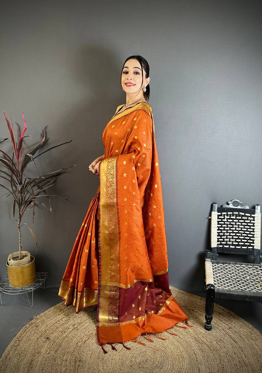 Rusty Orange Banarasi Soft Tissue Silk Saree
