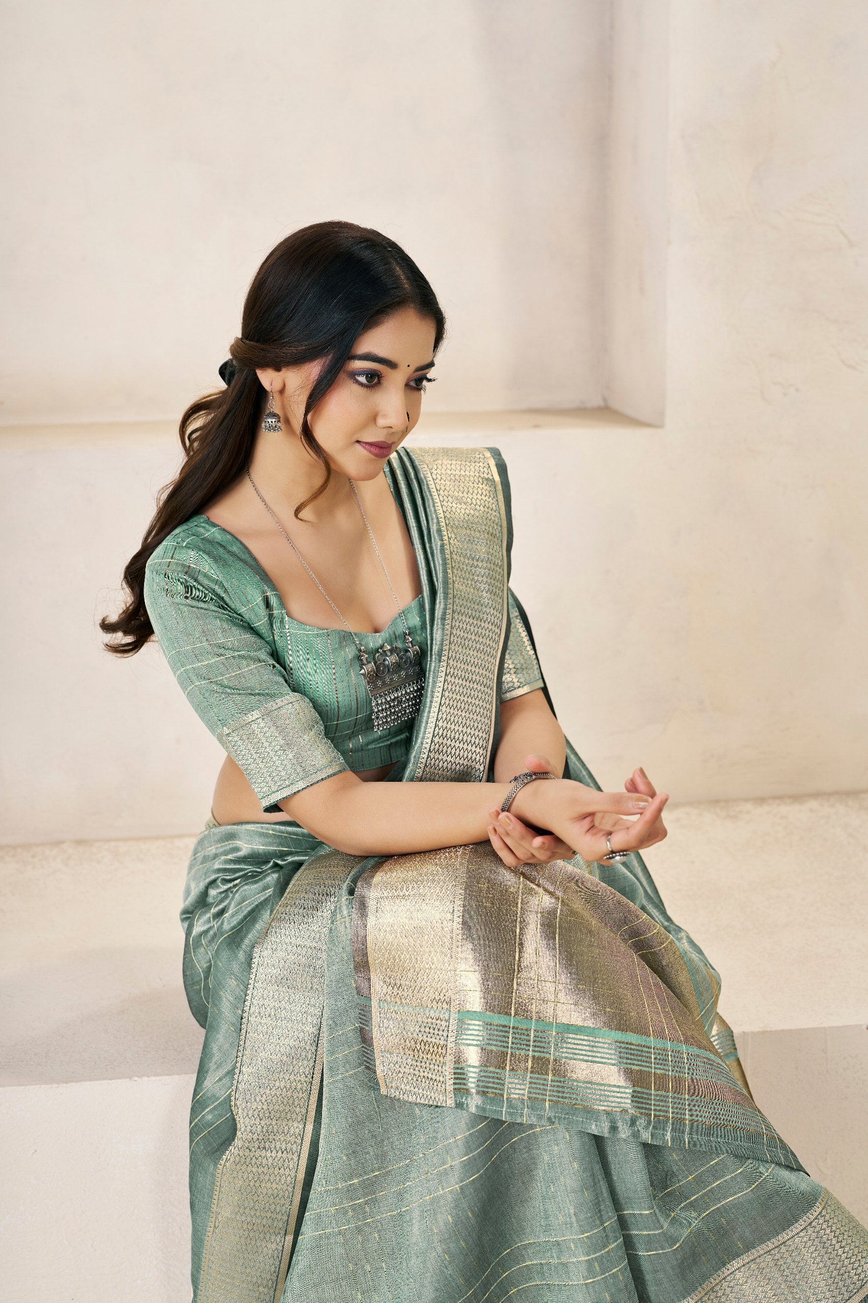 Sage Green Soft Linen Cotton Silk Saree