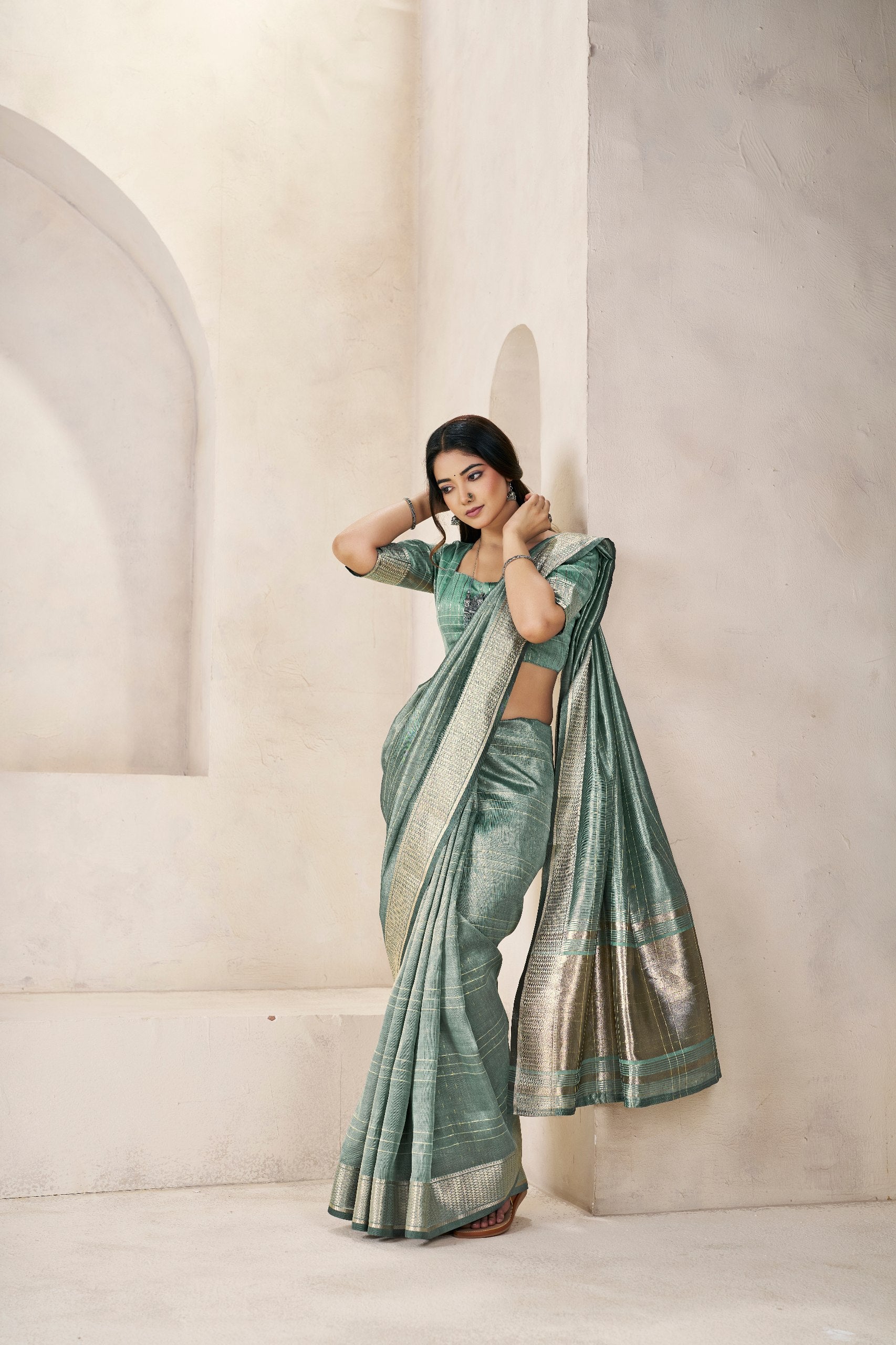 Sage Green Soft Linen Cotton Silk Saree