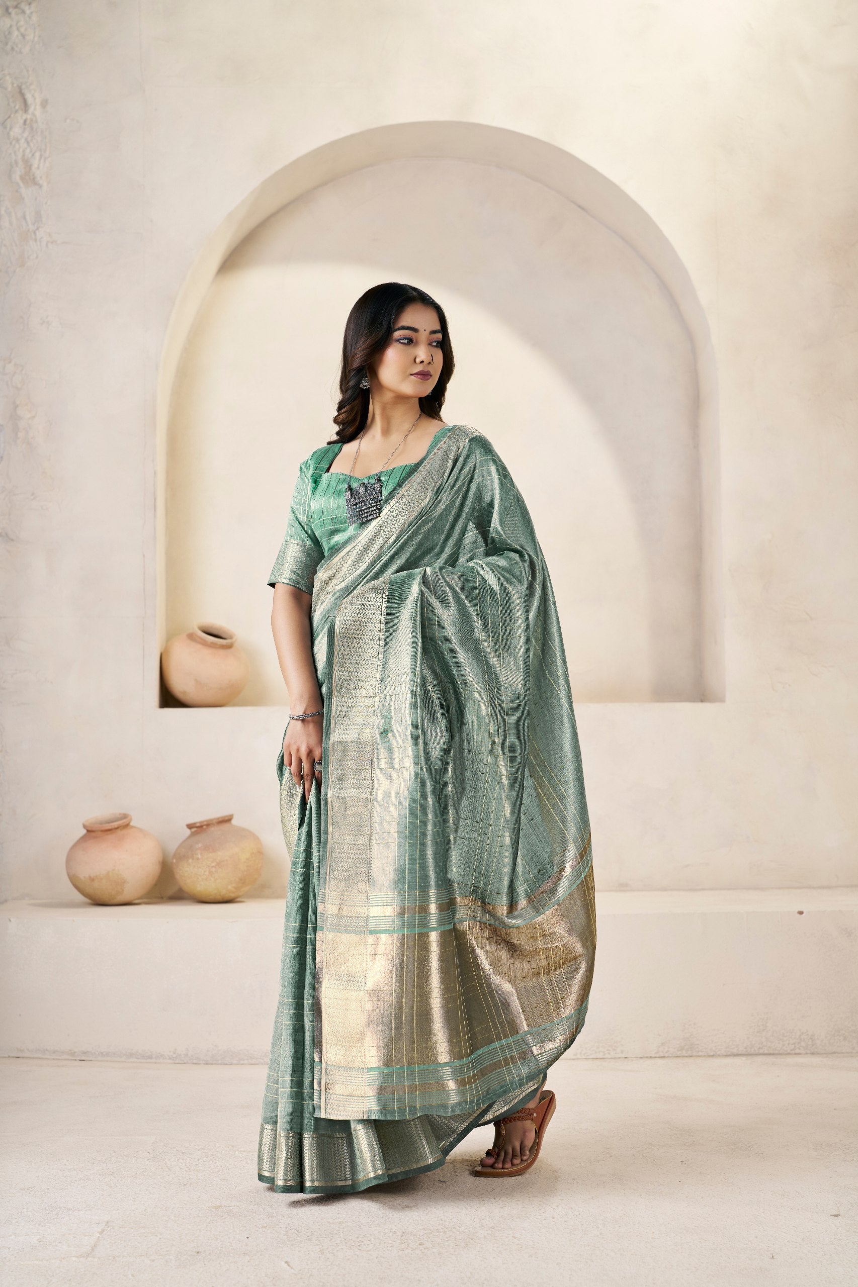 Sage Green Soft Linen Cotton Silk Saree