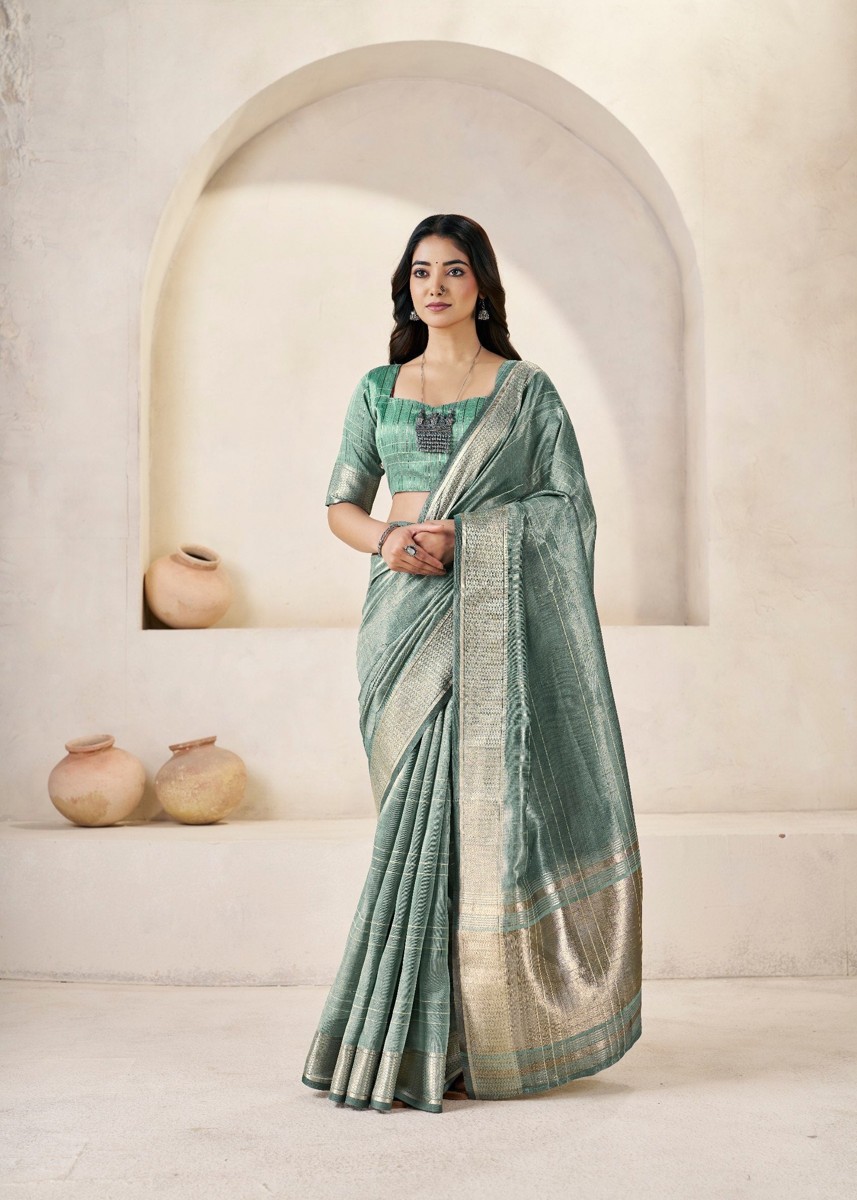 Sage Green Soft Linen Cotton Silk Saree