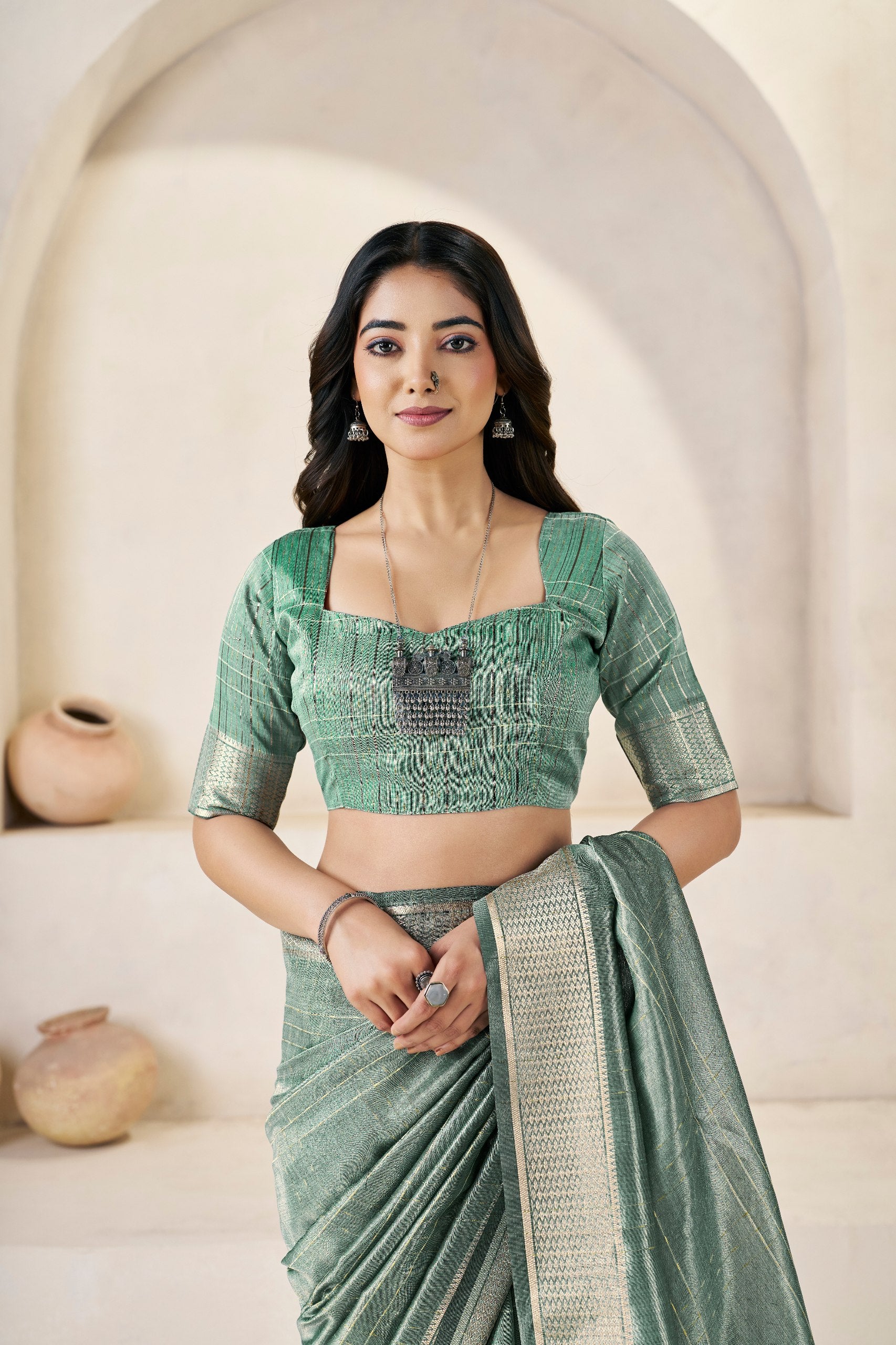 Sage Green Soft Linen Cotton Silk Saree